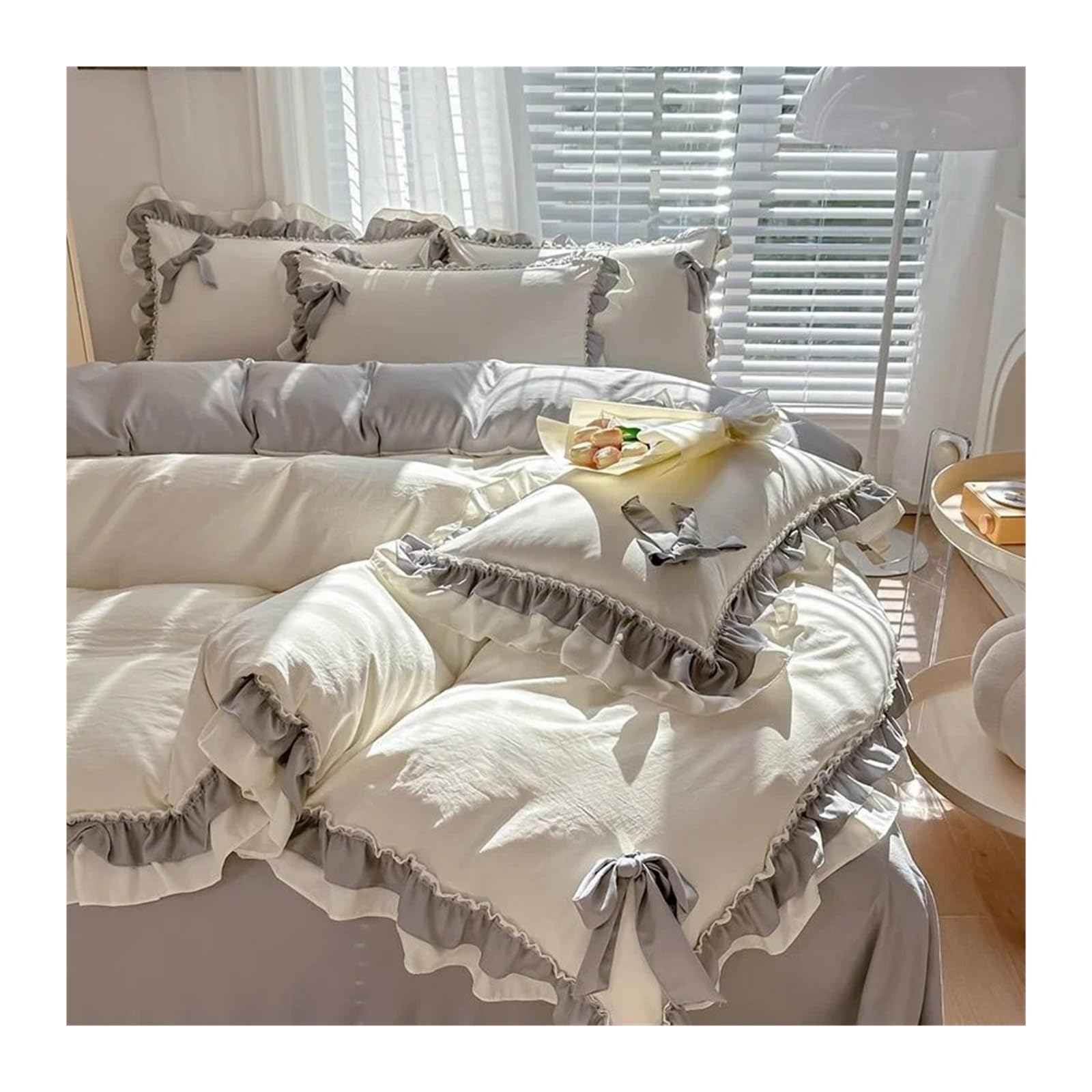 Housse de couette et taie d'oreiller gris 150x200, parure lit simple double couche