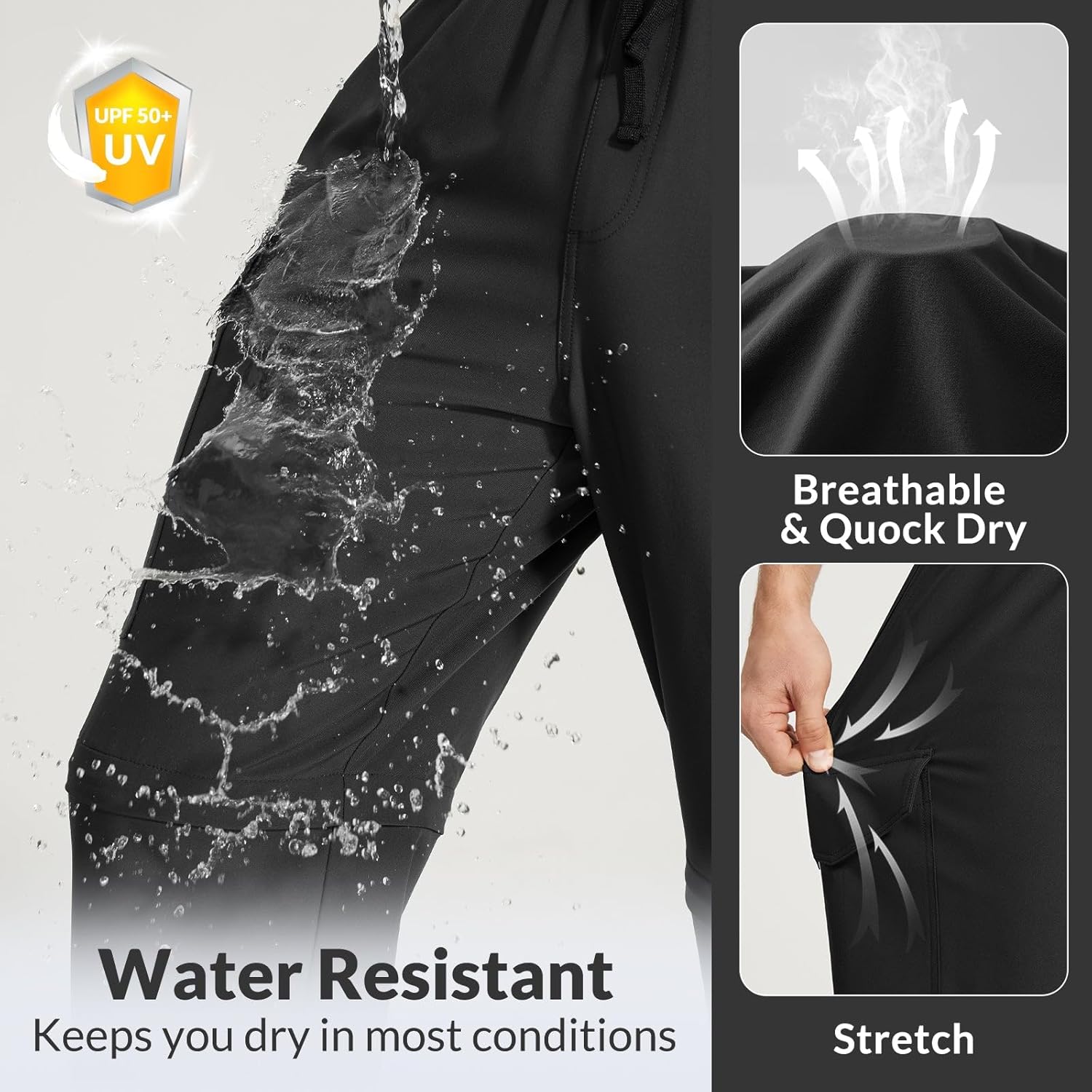baleaf Men's Hiking Convertible Pants Water Resistant Lightweight Quick Dry Cargo Elastic Waist Outdoor with Zip Pockets