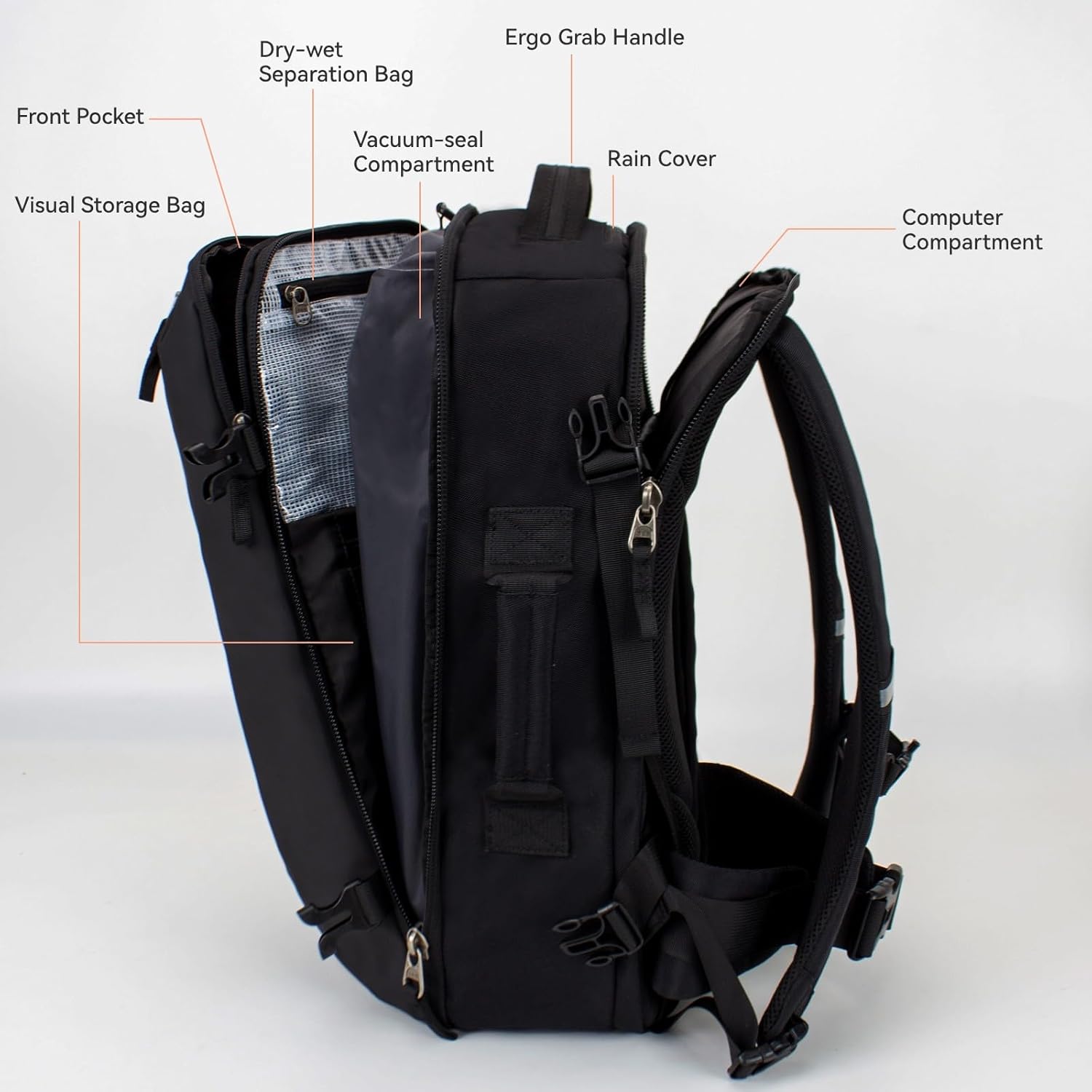 Vacuum Travel Backpack 60L with Air Pump Vacuum Water Resistant Air Compression System Carry On Suitcase Luggage with Rain Cover Black