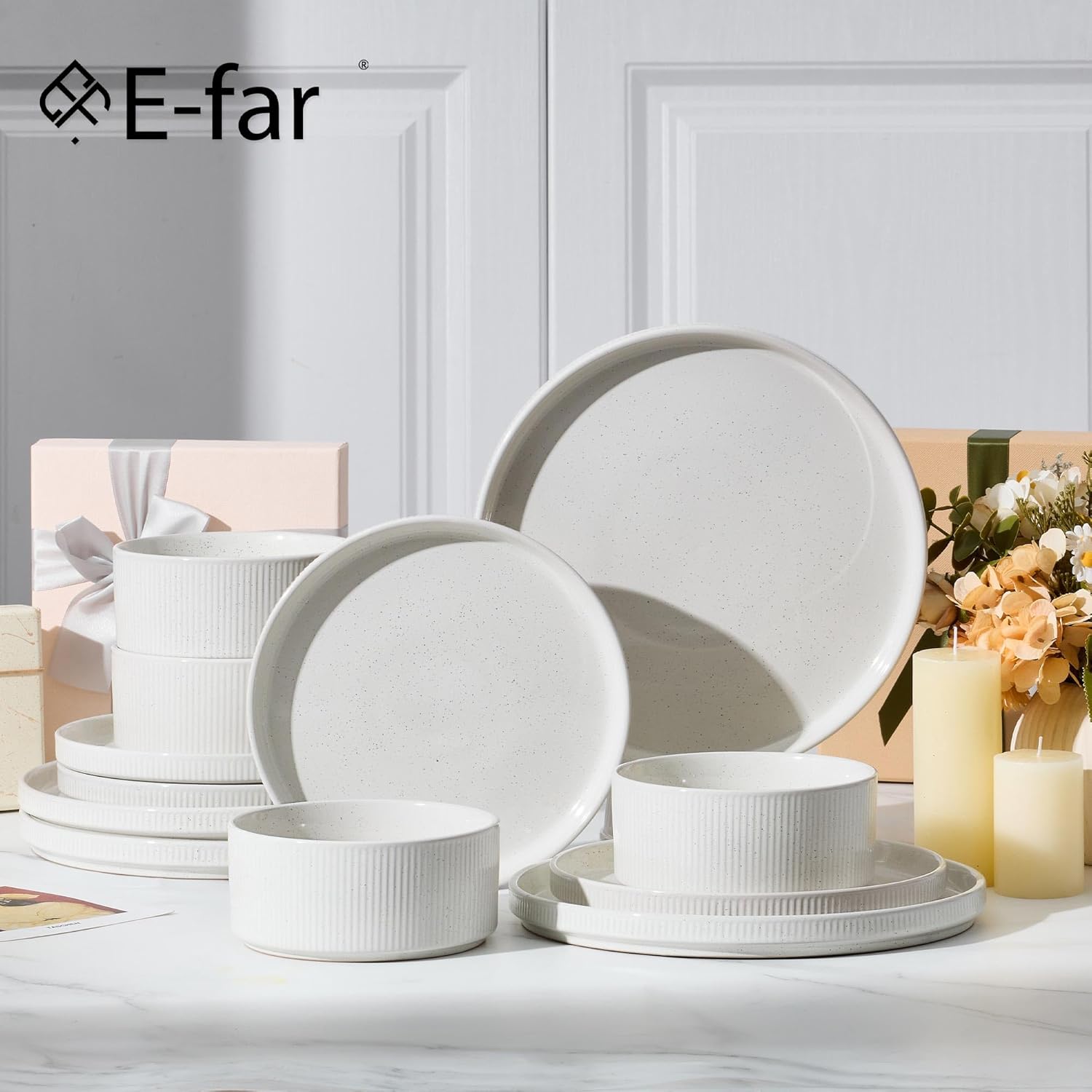 E-far 24-Piece Stoneware Dinnerware Sets, Plates and Bowls Sets for 8, Kitchen Modern Dinning Porcelain Dishes Set, Chip & Scratch Resistant, Dishwasher & Microwave Safe, Speckled White 24 Speckled White image 8 of 8 B0F9PHWKNT