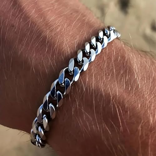 Stainless Steel Bracelets for Men, Silver Punk Cuban Link Chain Bracelets, Trendy Thick Chain Jewelry Gift