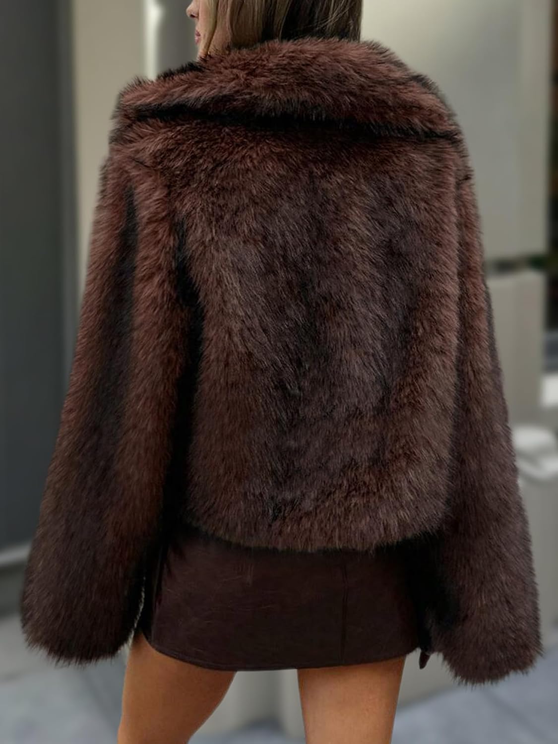 ELLEVEN Women's Two-Tone Faux Fur Coat - Fluffy Jacket with Lapel Collar image 2