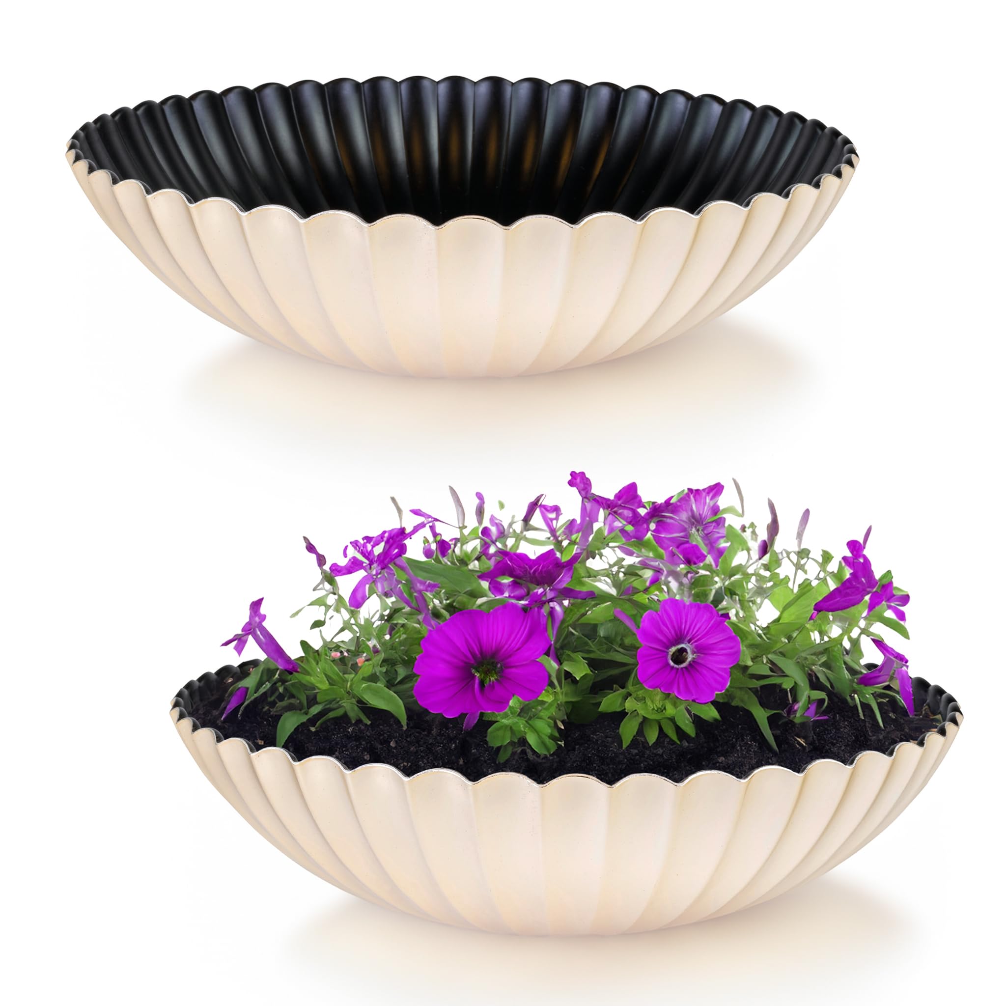 Matches21 Home & Hobby Champagne Wavy Plant Pots For Outdoor Use In 35 X 9 Cm Beige Weatherproof Flower Bowls