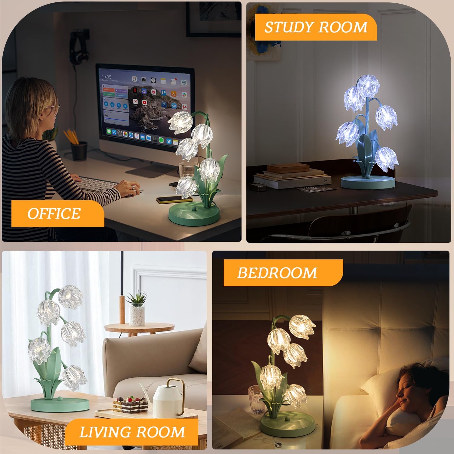 Glass Flower Table Lamp,5 Lily of The Valley Bedside Lamps,3 Color Modes Desk Lamp with G4 Led Bulbs for Home,Living Room,Bedroom,Night Stands,Decor