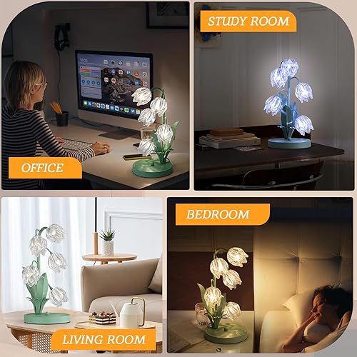 Miniatura 5 de Lámpara de mesa con flores de cristal, 5 lámparas de noche de lirio del valle, lámpara de escritorio de 3 modos de color con bombillas LED G4 para