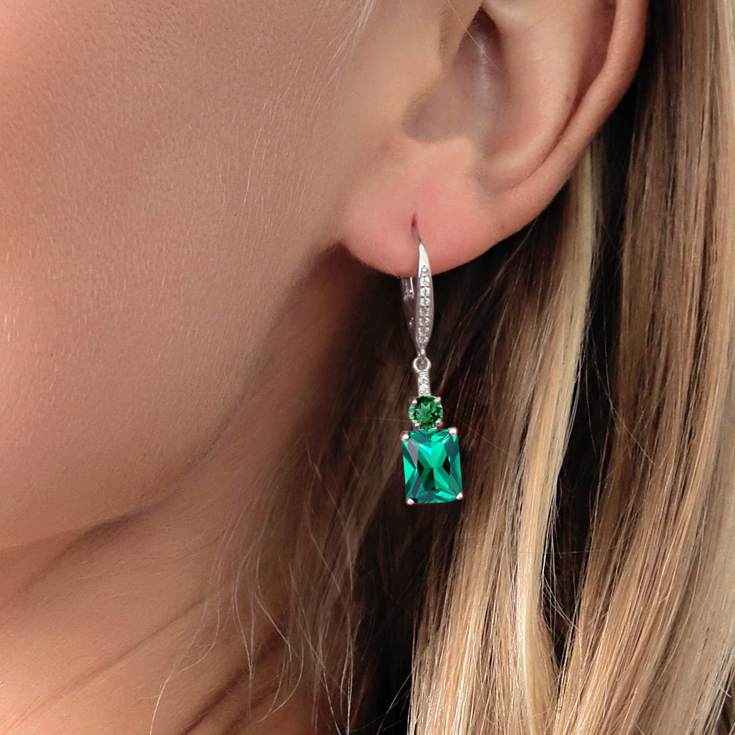 Gem Stone King 4.60 Cttw Green Nano Emerald Dangle Earrings For Women | 925 Sterling Silver | Gemstone May Birthstone | Emerald Cut 9X7MM