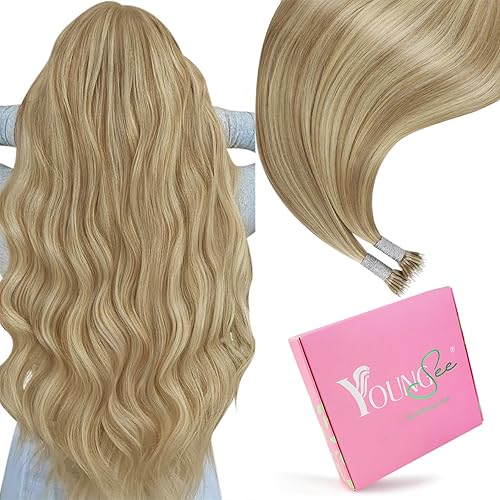 YoungSee Nano Tip Hair Extensions Real Human Hair Blonde Nano Extensions Human Hair Warm Ash Blonde Highlights Bleach Blond Nanobead Hair Extension 22 Inch Long Hair Nano-Tip Extension 50 Strands 50g