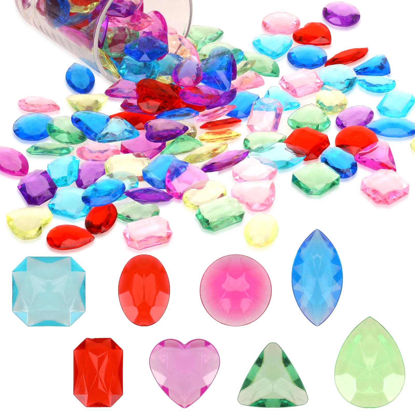 Mozeat Lens64 pcs Pirate Treasure Fake Jewels,8 Styles Plastic Gemstones Bulk Acrylic Diamonds Multicolor Bling Crystals Vase Filler for Table Scatters Decorations Pirate Pool Party Beach
