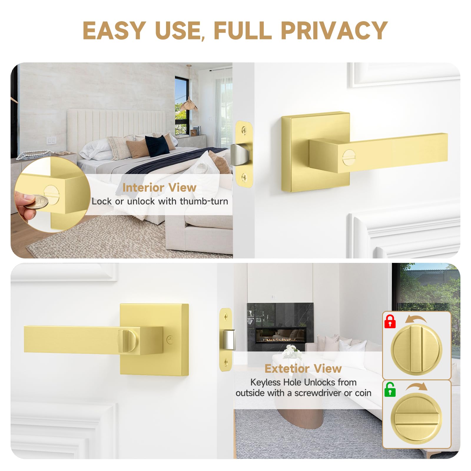 Satin Brass Door Knobs - 10 Pack Privacy Locks -3