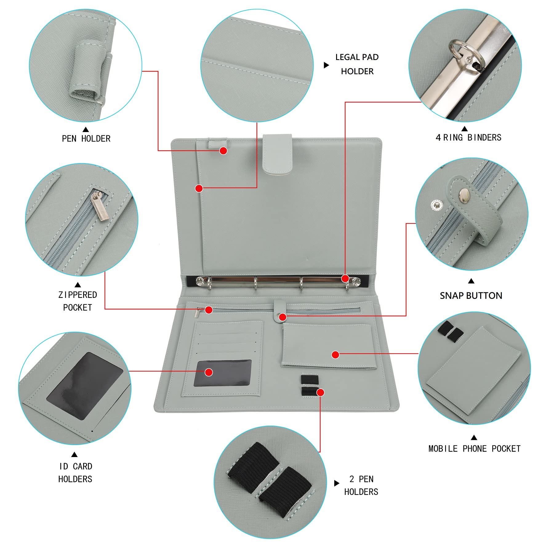 Wonderpool A4 PU Leder Ringhalter Schreibmappen Multi Dokumententasche mit Herausnehmbarem Binder Klemmbretter und funktioneller Tasche für Organizer Büro Reise Schule (Grün)