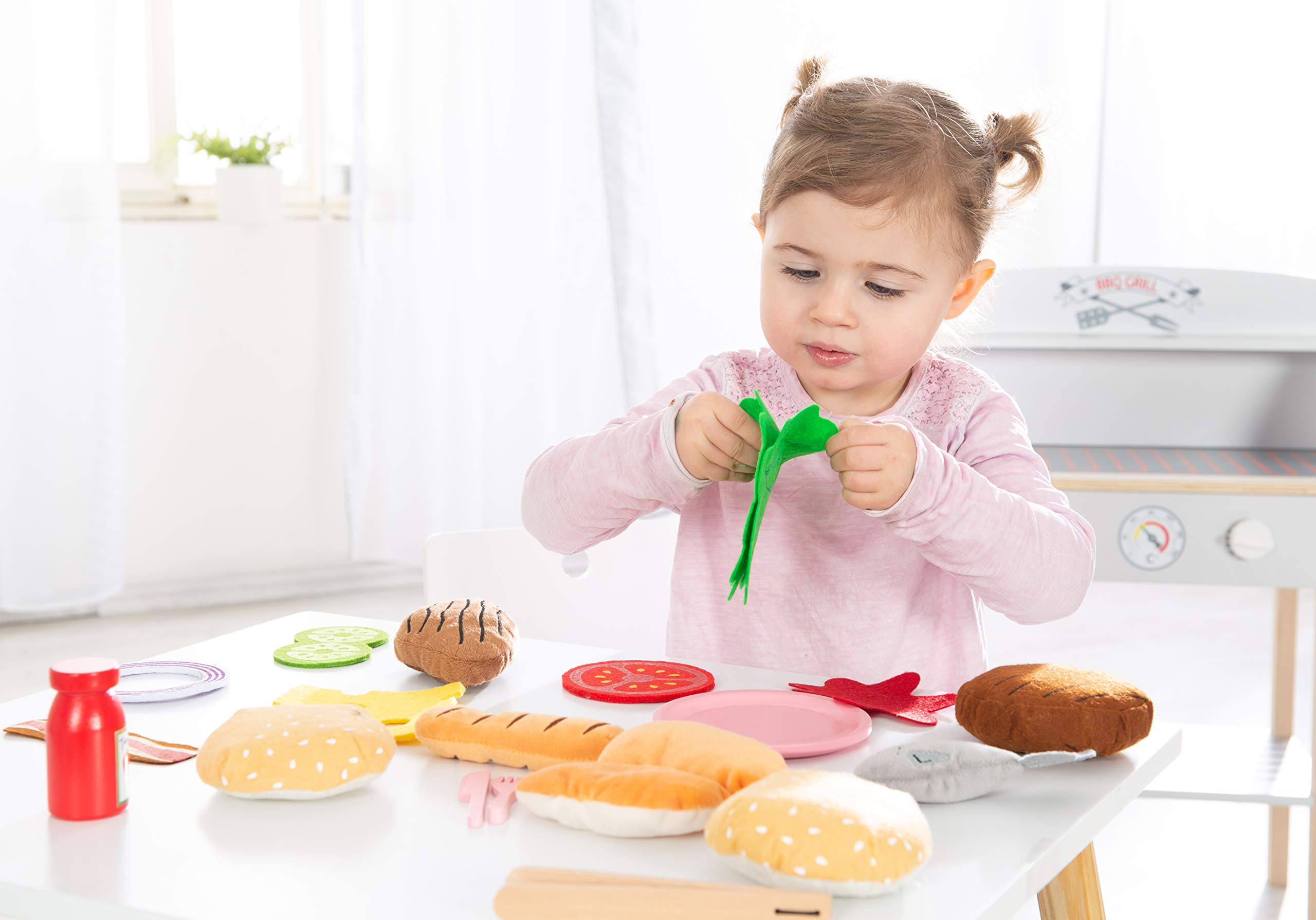 roba Jouet Barbecue en Bois pour Enfant - Cuisine Extérieure + 14 Pièces d'Accessoires et Ingrédients Burger en Peluche
