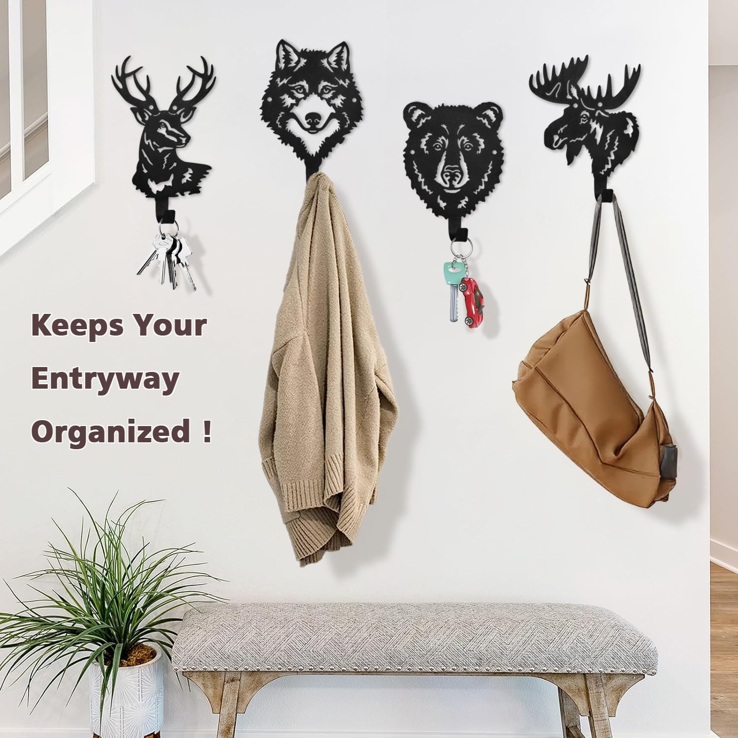 YY Ladybug 4pcs Animal hooks - Bear, Deer, Wolf Design - Durable Metal Wall Mounted Hangers for Coats, Robes, Towels (Black)