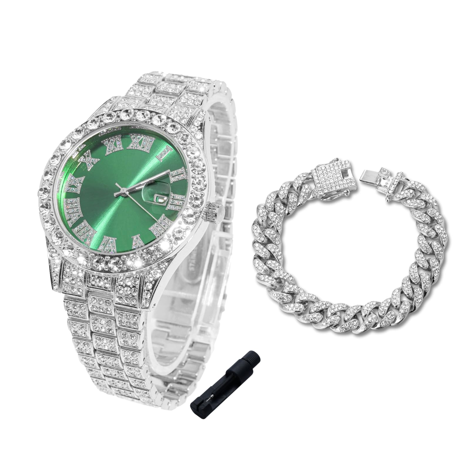 Halukakah Diamonds Gold Watch Iced Out for Boy Teens Kids - 18K Real Gold/Platinum Plated,42mm Blue/Green/Red Dial,Japanese Quartz - 8" Length - Optional with Cuban Link Chain,with Watch Adjuster Tool