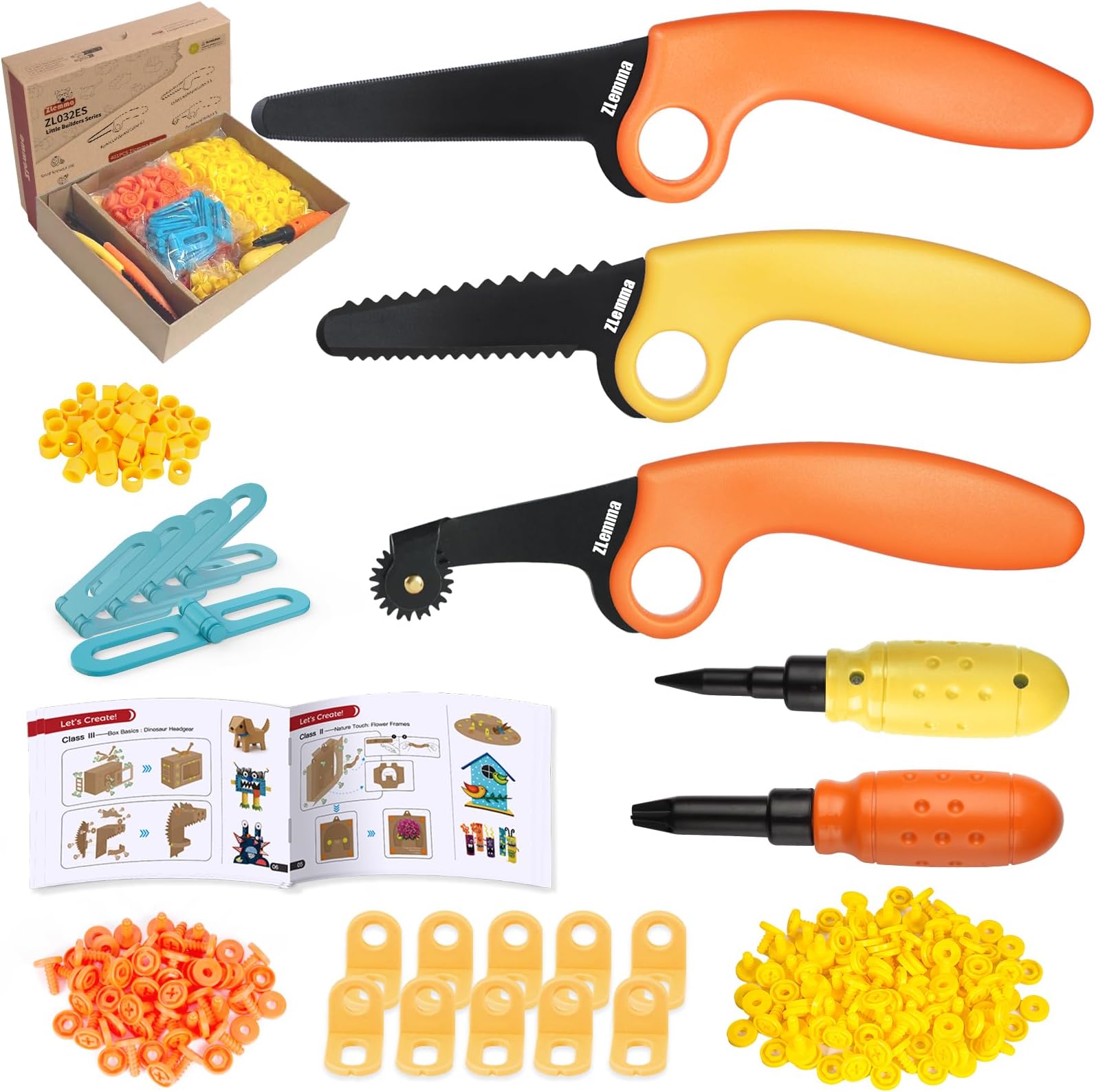 Cardboard Construction Kit - 401 PCS Kids Building Set with Safe Serrated Cutter, Crease Roller, Screws & Nuts, STEM Upcycled Tool for DIY Cardboard Projects, Engineering & Creativity