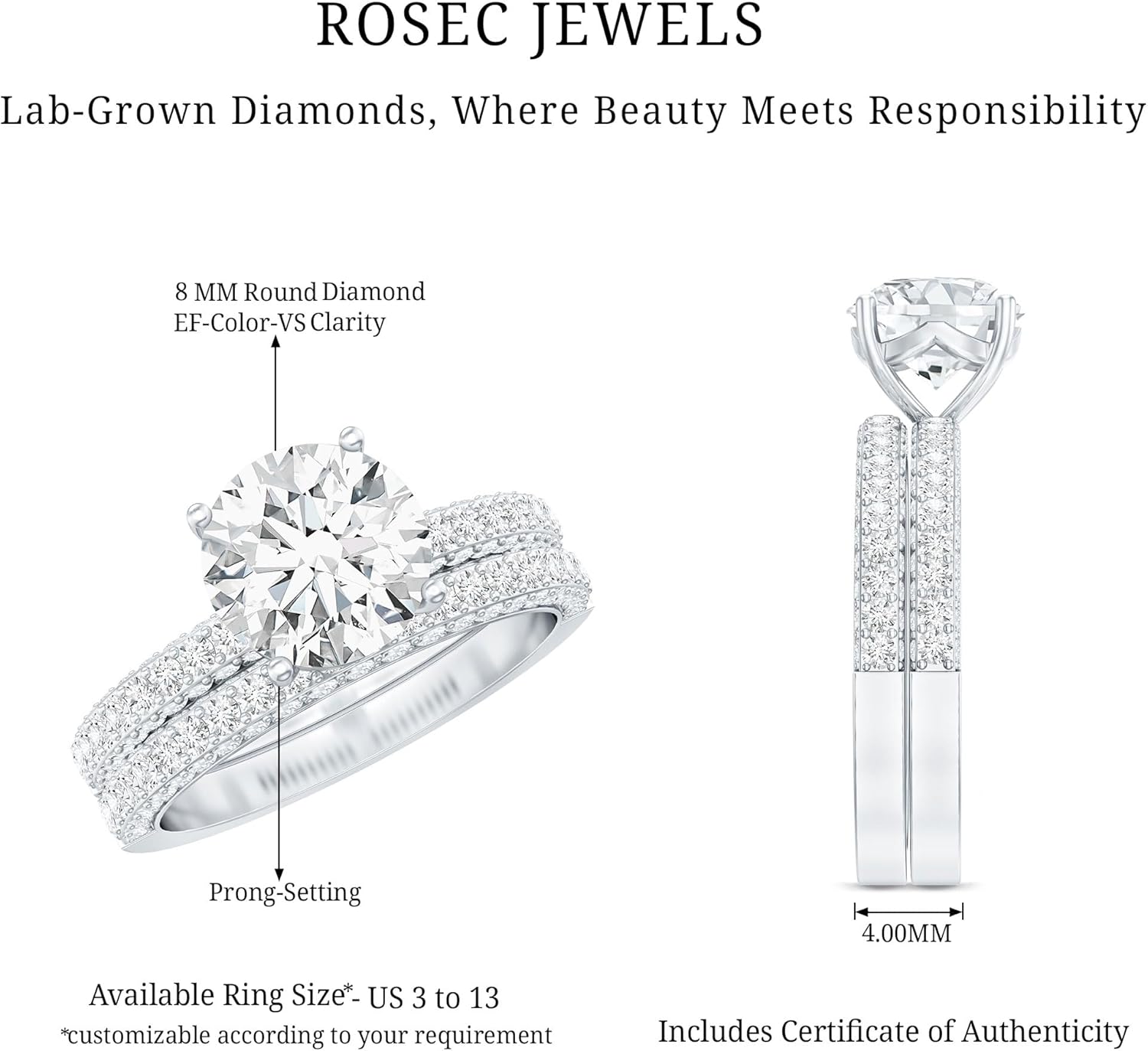 Certified Lab Grown Diamond Bridal Ring Set, Ef-Vs Quality, 8mm Diamond Engagement Ring With Band - Ready To Gift
