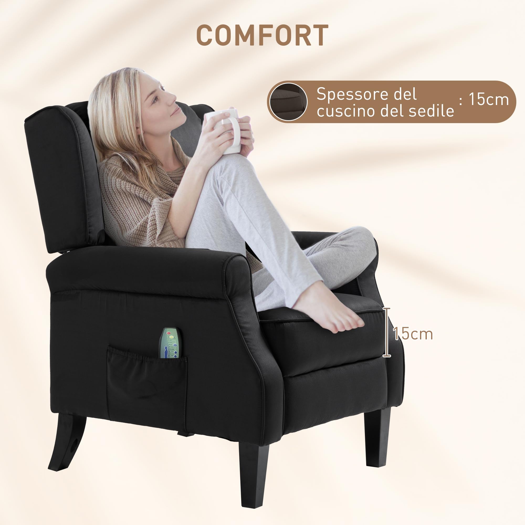 HOMCOM Poltrona Massaggiante Relax Reclinabile con Funzione Riscaldante e Telecomando, 78x83x101cm, Nero