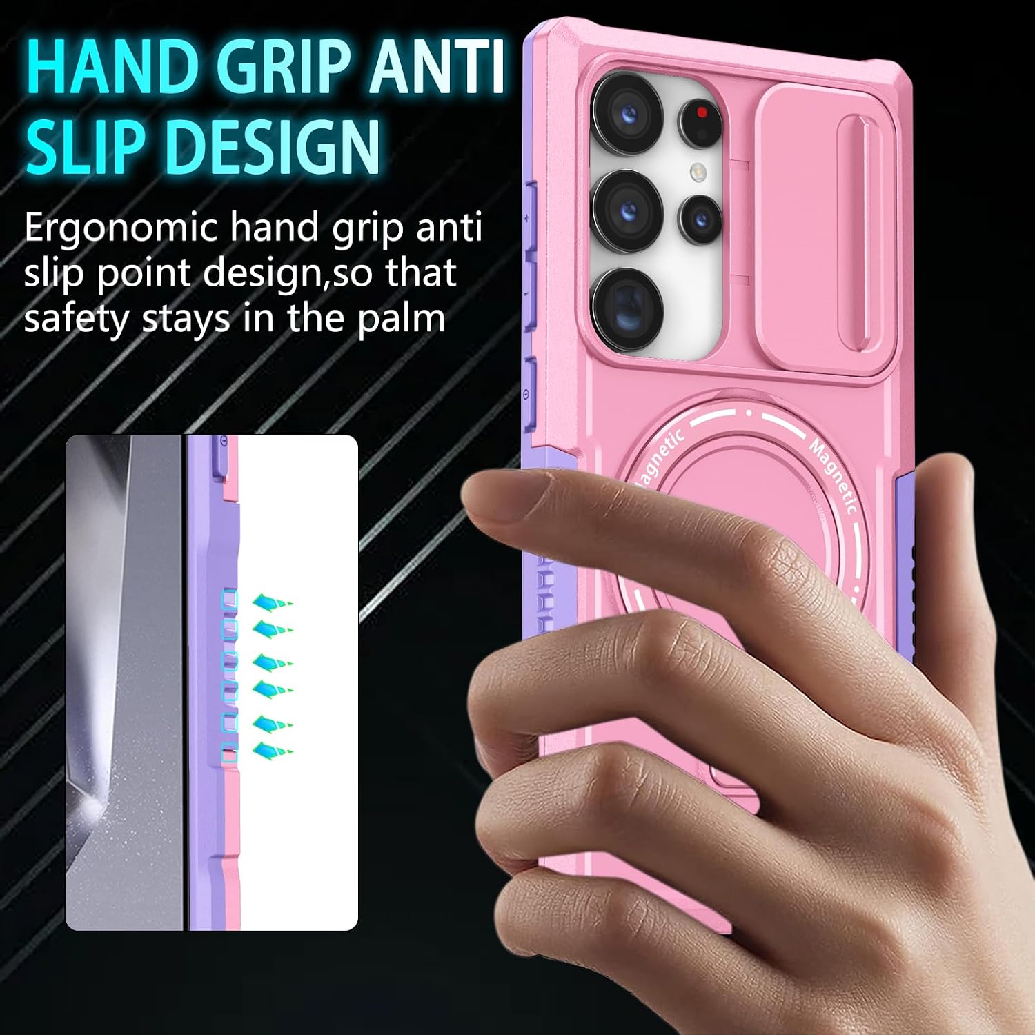 Magnetic Case for Samsung Galaxy S24 Ultra, with Ring Stand [Screen Protector] [Compatible with MagSafe] Military Grade Shockproof Case with Camera Cover, Protective Cover for Samsung S24 Ultra, Pink