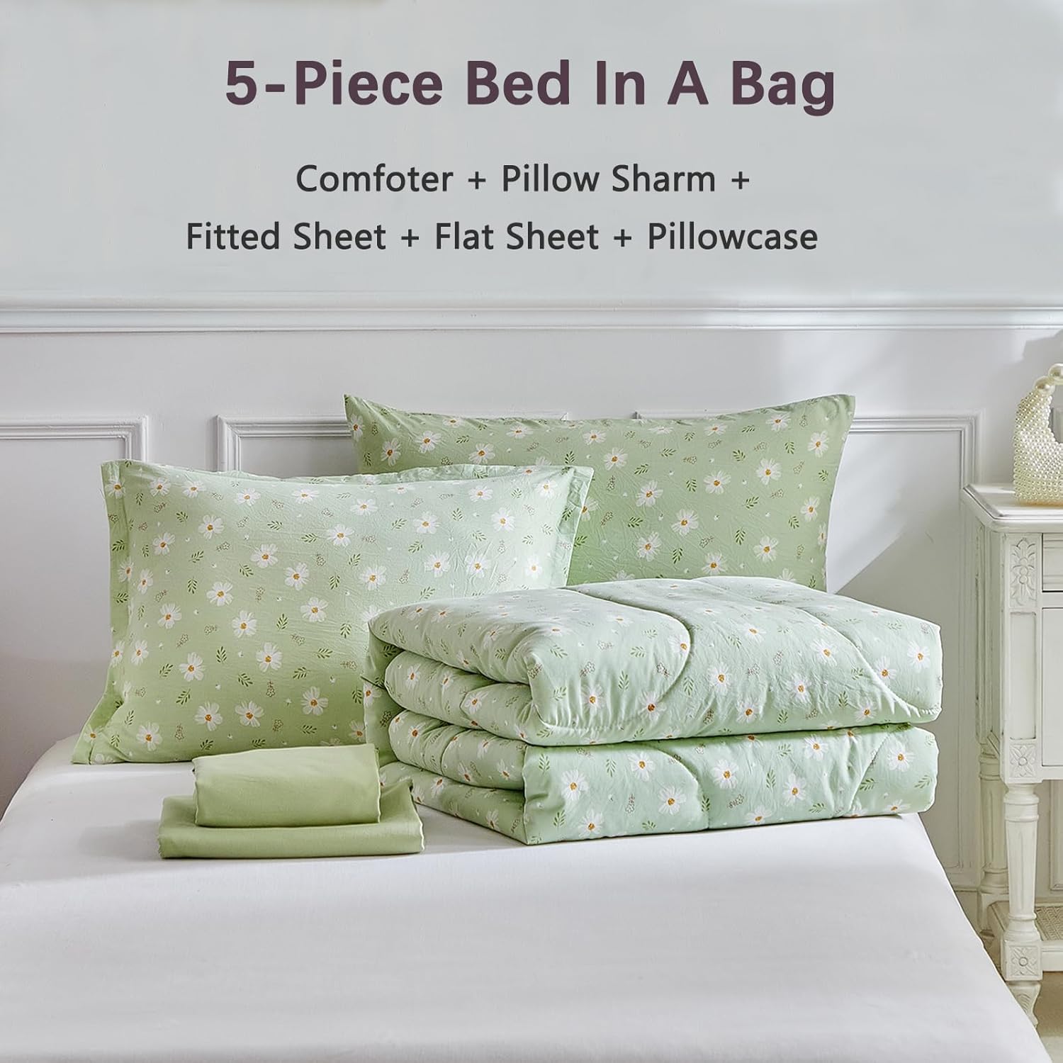 DuShow Floral Twin Comforter Set,5 Pieces Twin Bedding Set for Girls,Twin Bed in a Bag, All Season Kids Sheet Set with Comforter, Flat Sheet, Fitted Sheet, Pillowcase and Pillow Sham-Green Floral