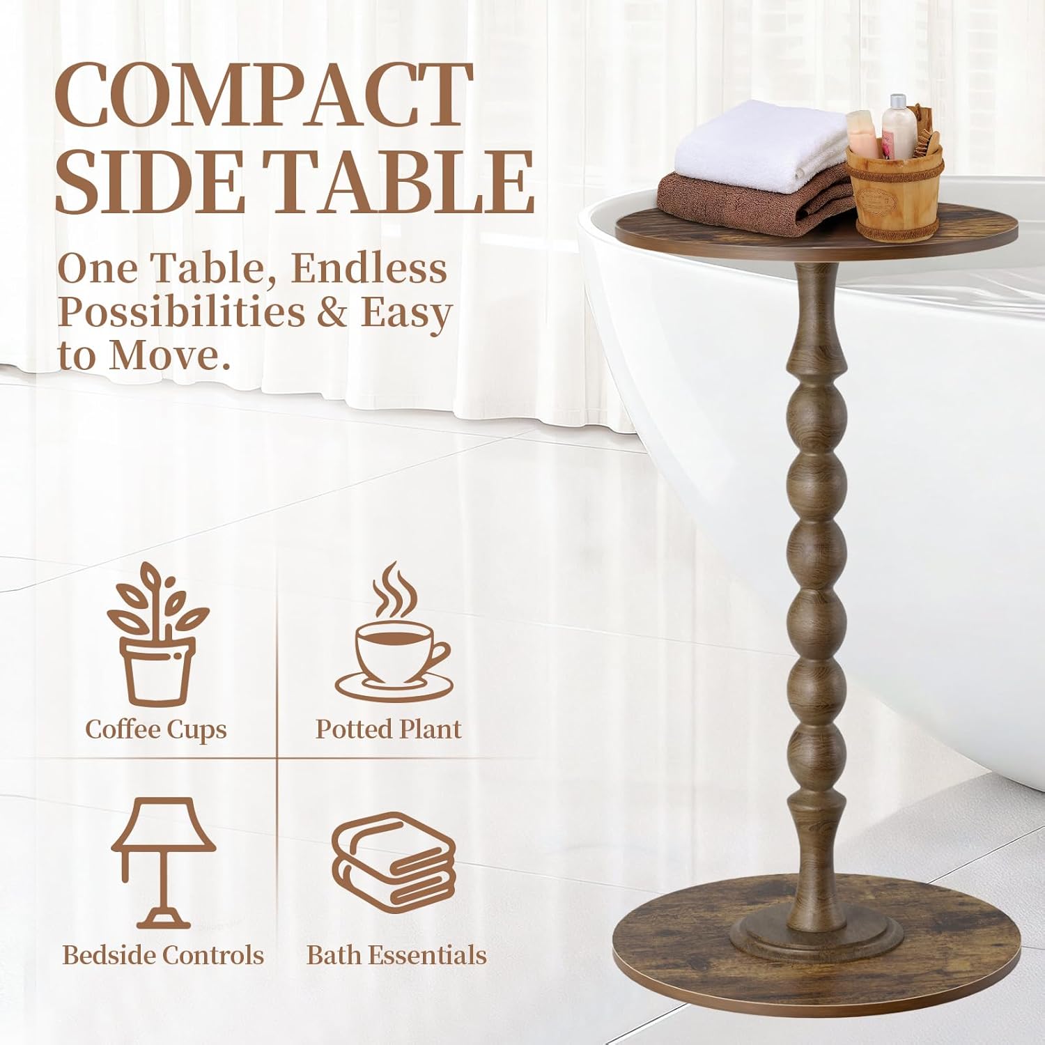 Side Table - Round Side Table, Small End Table, Luxury Living Room Side Tables for Small Spaces for Living Room, Bedroom, Bathroom, Corners and Office, Rustic Brown