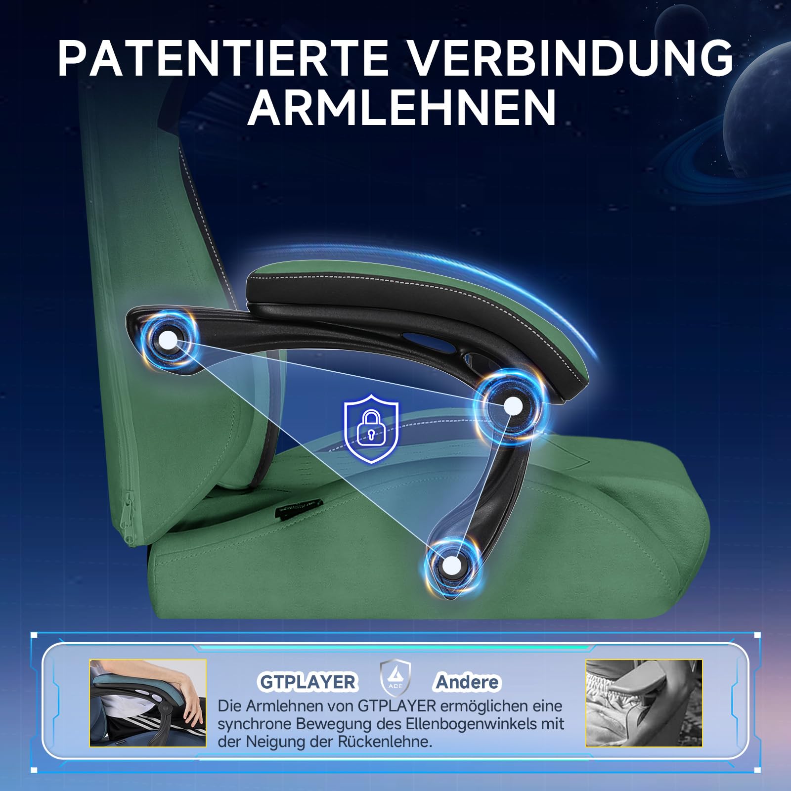 GTPLAYER Gaming Stuhl, Ergonomischer Gamer Stuhl aus Stoff mit Lendenwirbelstütze, PC-Stuhl mit verbreiterter Rückenlehne, Belastbar bis 150 kg, Grün
