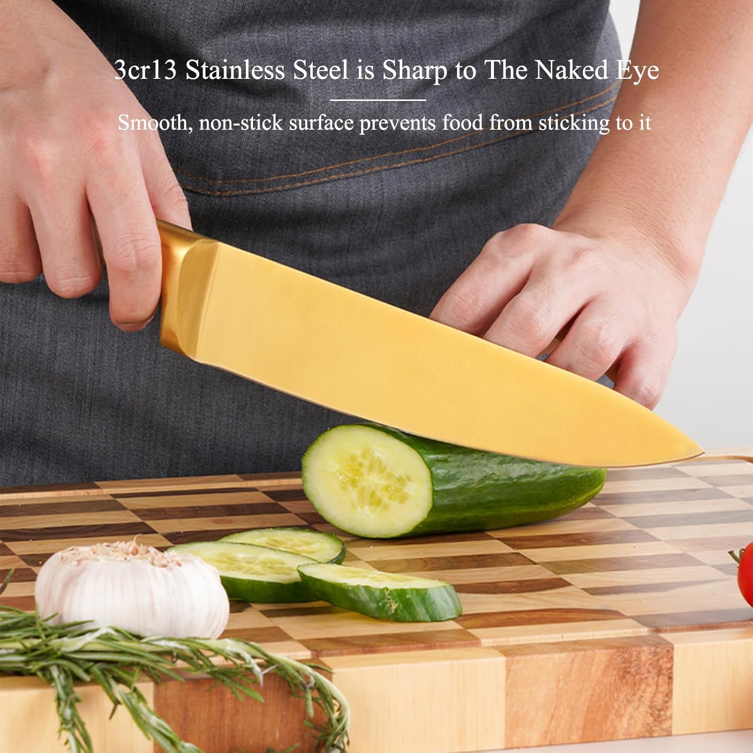 Gold Pink Kitchen Knife Set，7Pcs Gold Titanium Coated Dishwasher Safe Knife Block Sets,Wooden Block with Built-In Sharpener,Housewarming Gift for Women Home Kitchen