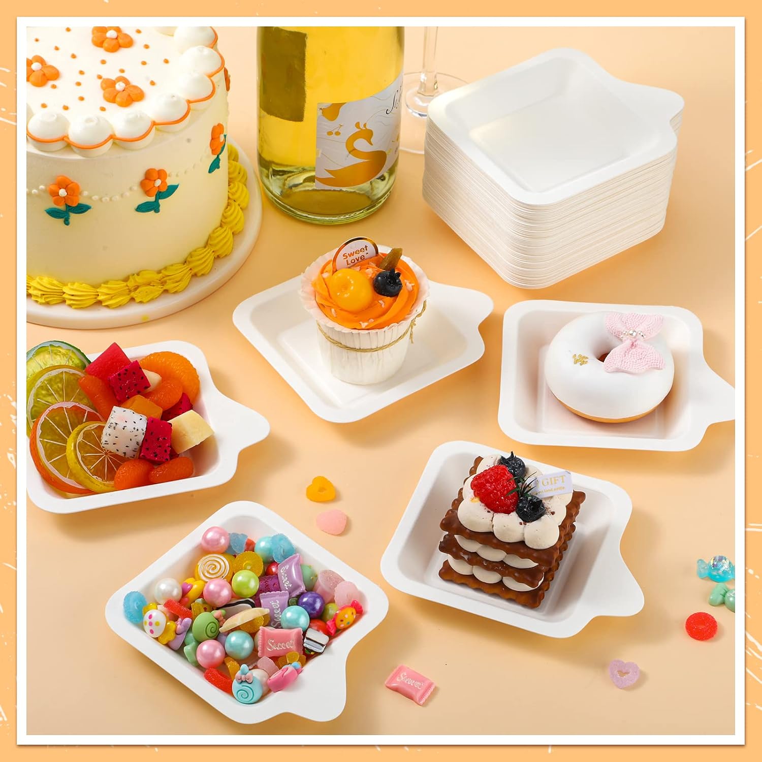 Remerry 300 Pcs Small 4 Inch Paper Plates Bulk Disposable Plates Paper White Square Dessert Cake Party Snack Sugarcane Bagasse Fiber Wedding Birthday Dinner Graduation Pet Feeding (4.41 x 5.24 Inch)