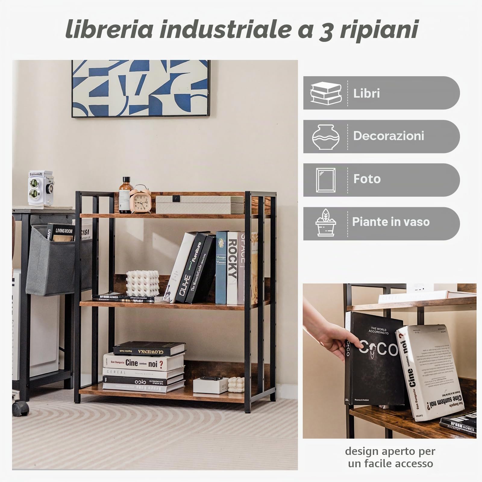 FANTASK Scaffale portaoggetti con telaio in metallo e ripiani regolabili, scaffale a 3 ripiani, libreria per studio, soggiorno e cucina, 70 x 35 x 81 cm (marrone rustico)