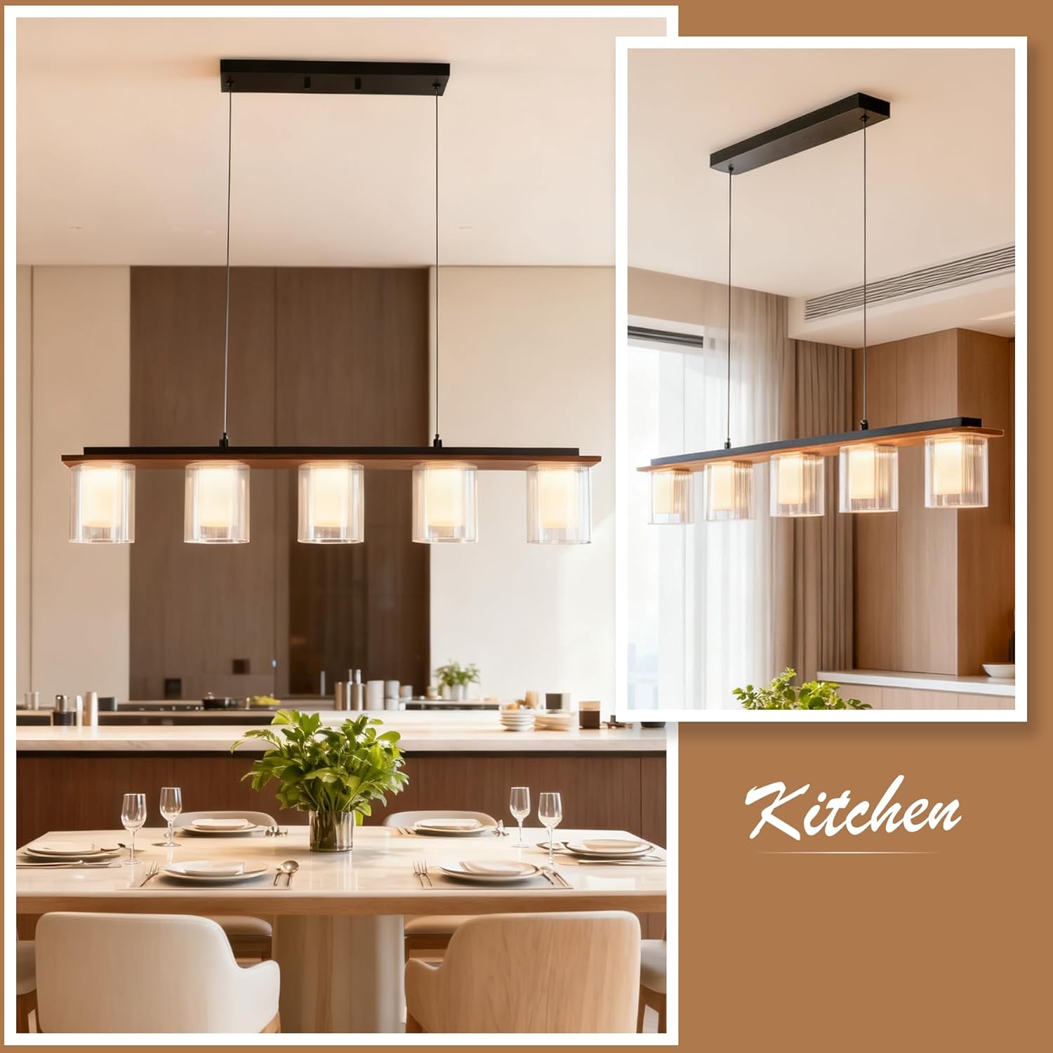 Kitchen Island Lighting, 35-Inch Linear Pendant Light with Double Glass Shades, Matte Black & Wood Grain Finish, 30W Integrated LED 3000K Modern Chandelier for Dining Room, Bar