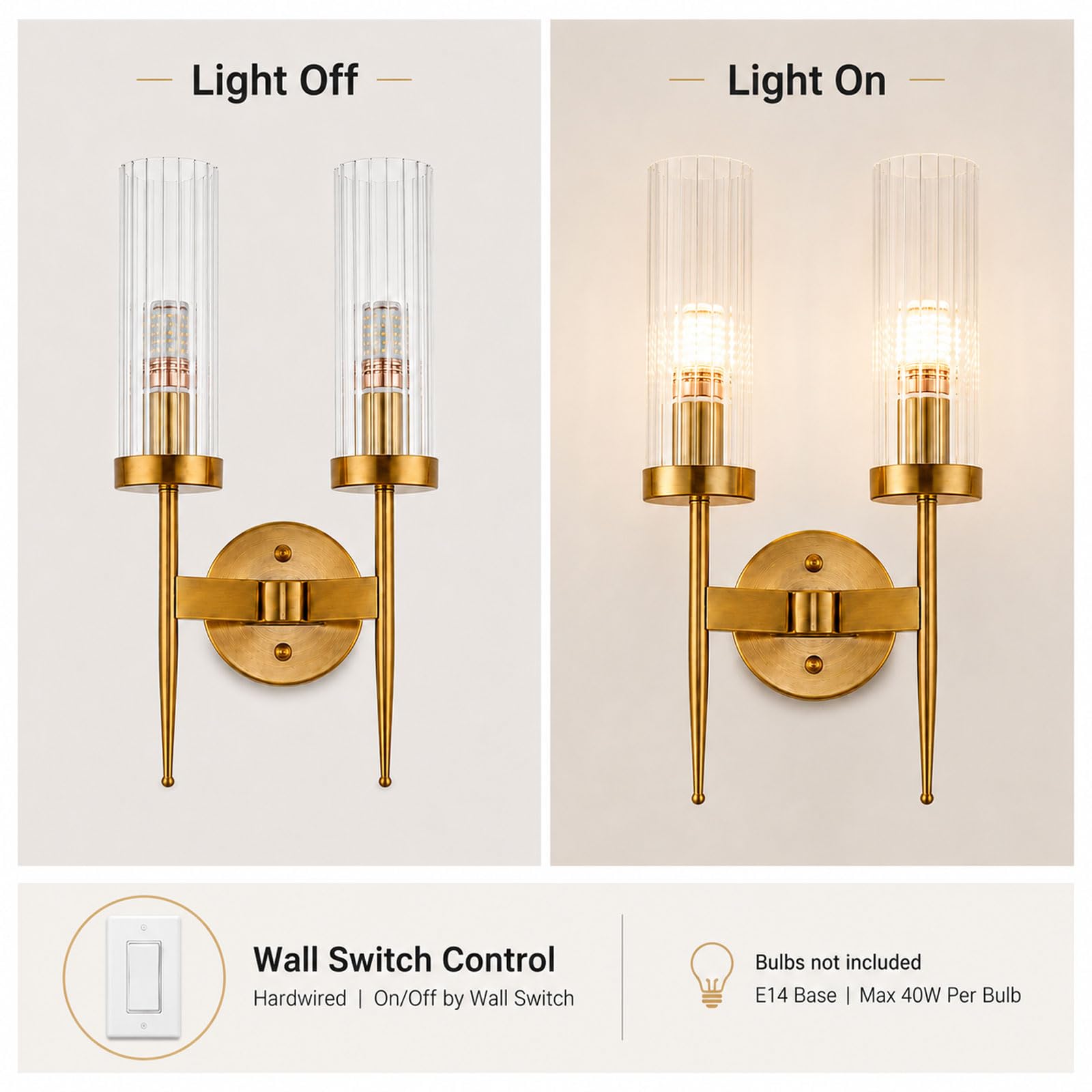 Aplique de Pared de Cristal y Base Dorada E14, Accesorios de Lámpara de Pared Modernos (2 Luces) | Lámpara de pared con cable de 43 cm con cristal transparente para dormitorio, pasillo, sala de estar, escalera y entrada