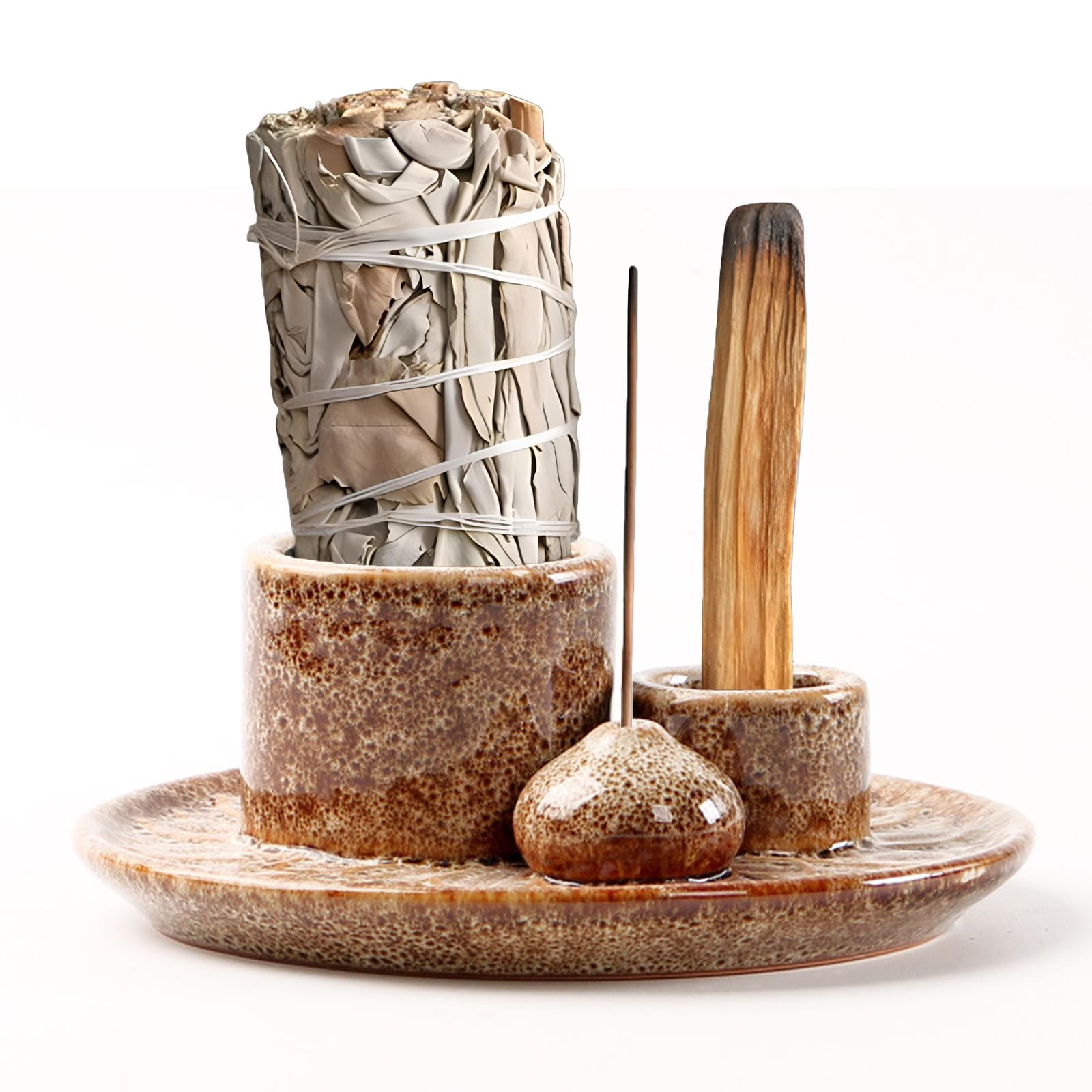 Brûleur d'encens 4 en 1, porte-encens Palo Santo et support de sauge en céramique