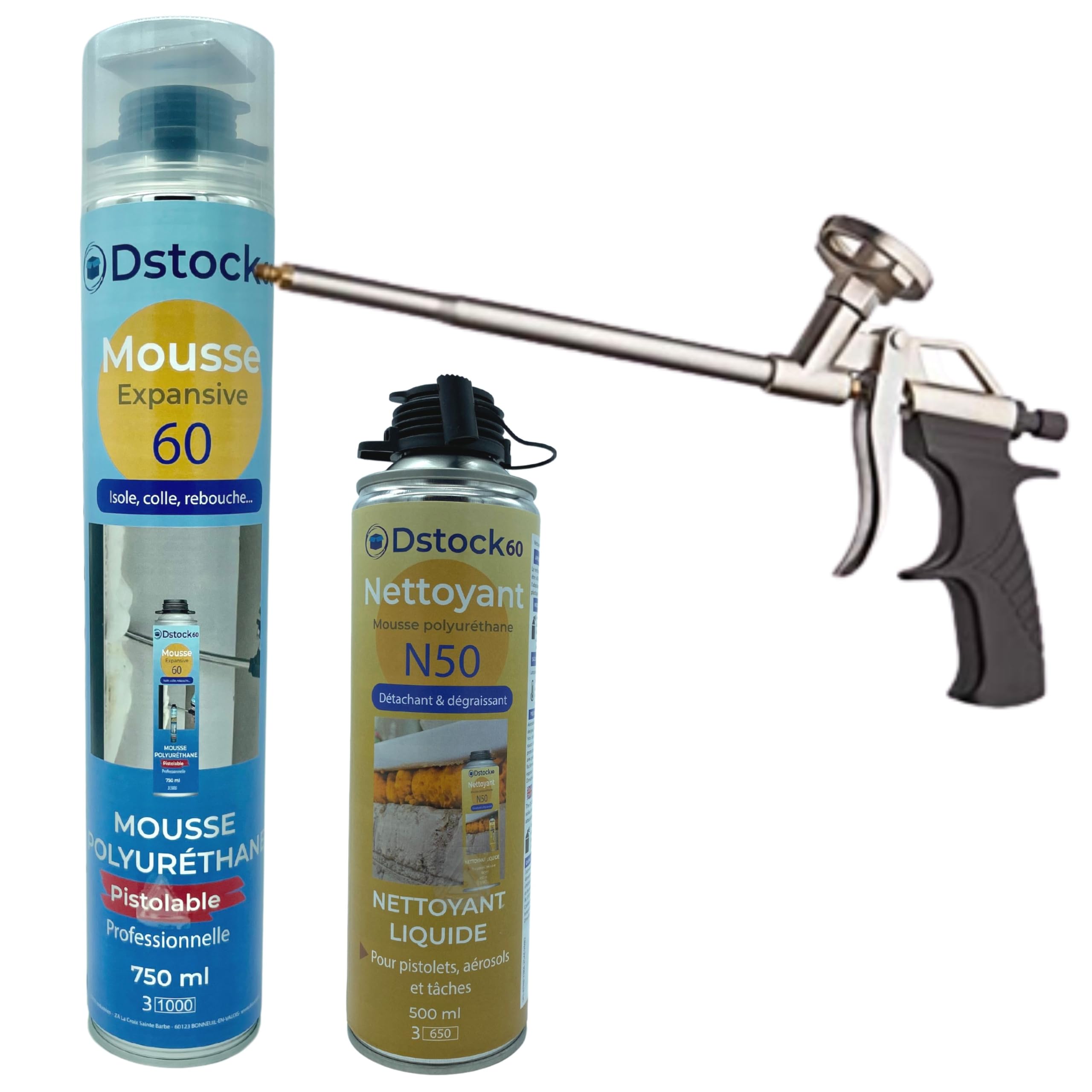 DSTOCK60 - Lot de 12 mousses expansives pistolables 750 ml + 1 Nettoyant Mousse + 1 pistolet - Mousse polyuréthane professionnelle - Isole, colle et rebouche - Extérieur et intérieur
