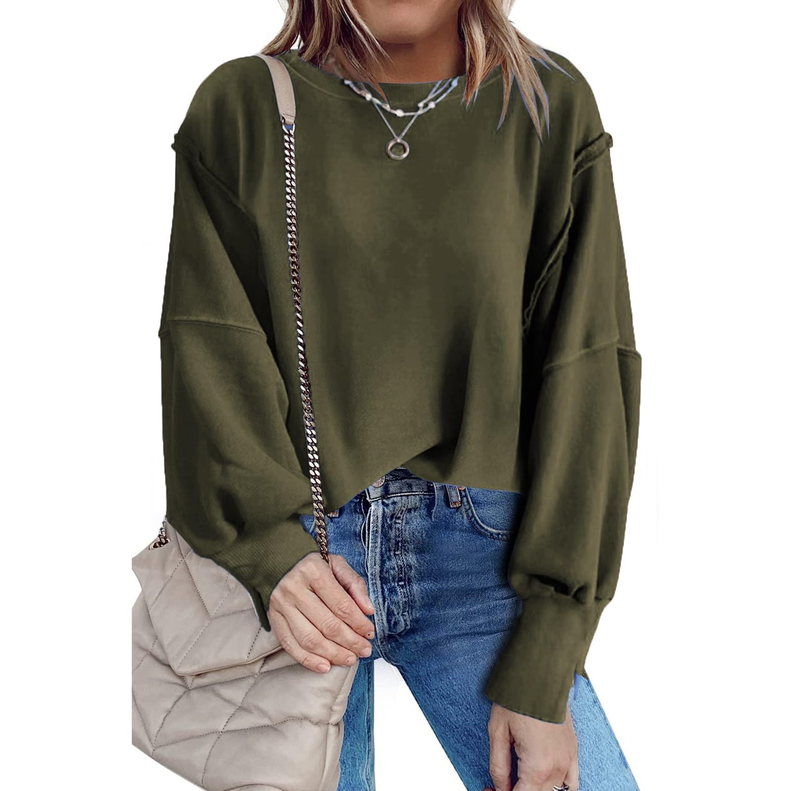 Générique Sweat sans Capuch Femme Surdimensionné Manche Longue Col Rond Côtelé Fente Latérale Sweats avec Épaule Tombantes Chic et Élégant Couleur Unie Haut Tunique Automne Hiver Chaud Pullover Gym