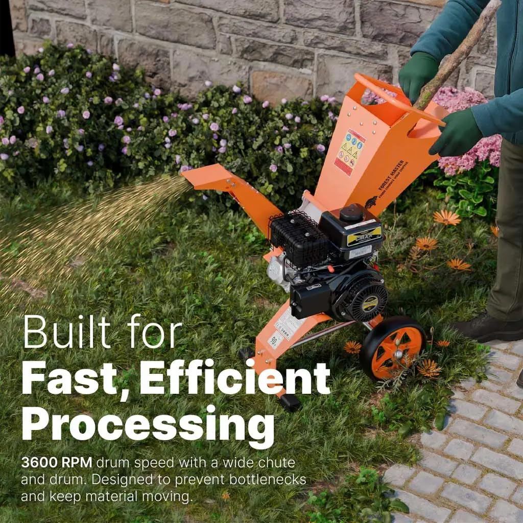 FM8DD - Cippatrice compatta per legno a benzina, motore da 8 HP per rifiuti da giardino, gestisce rami fino a 70 mm*, sistema di azionamento diretto con design anti-blocco, ingegnerizzata nel Regno
