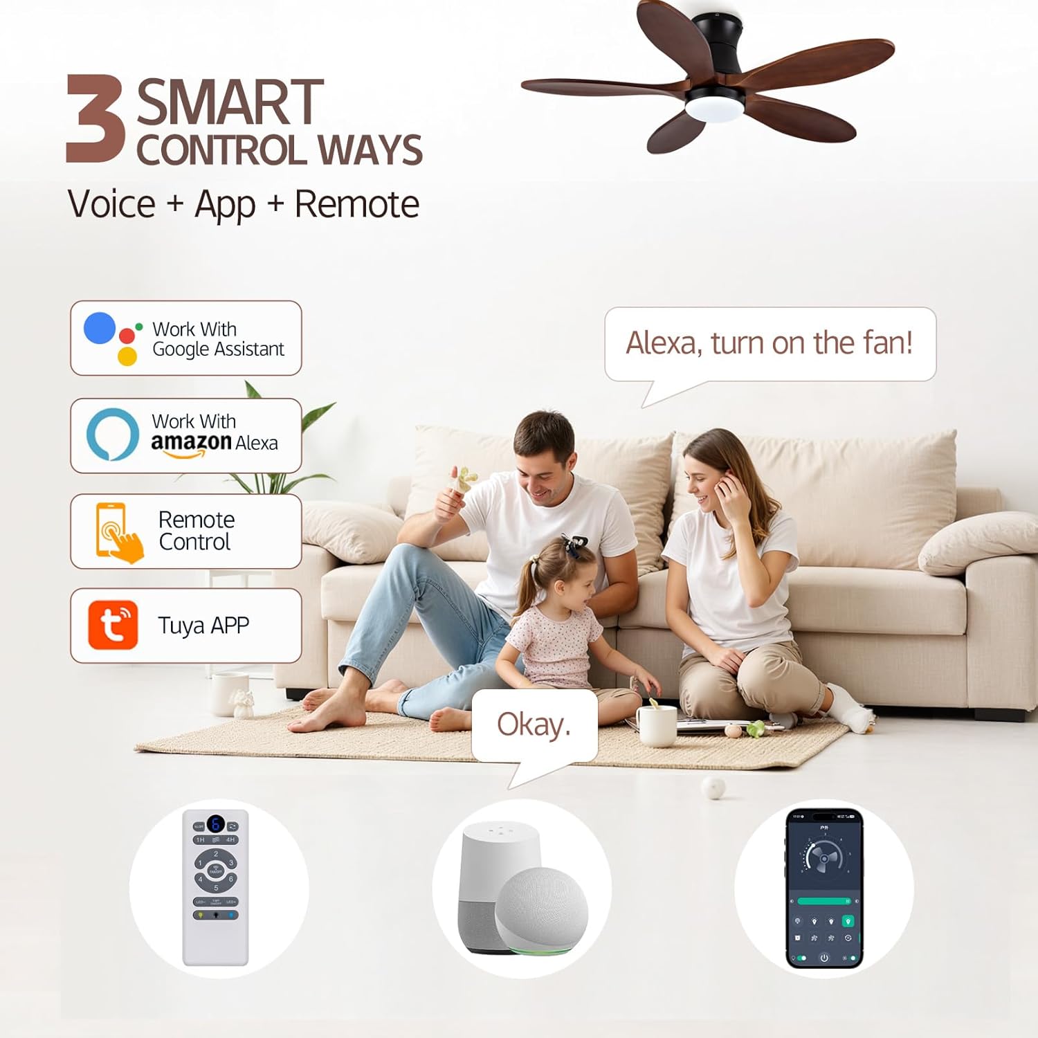 Smart 42 inch Ceiling fan with Light, Voice & App & Remote Control,Black Flush Mount Ceiling Fans,5 walnut Wood Blades, Reversible,3CCT,Dimmable,Quiet,for Living Room,Bedroom,Patio