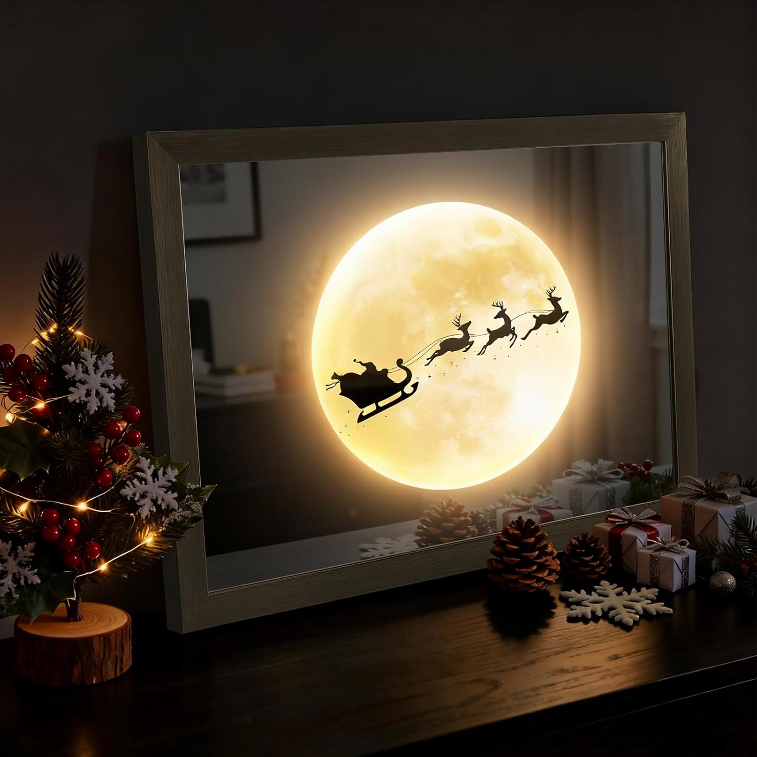 VIYYIEA Christmas Decor+Mirror+Led Light, Versatile 3-in-1 Design, Santa with Moonlight Wall Art, Decorative Mirror with USB Power, Modern Illuminated Wall Decor for Living Room 20L x 16W Santa with Moonlight 20"L x 16"W