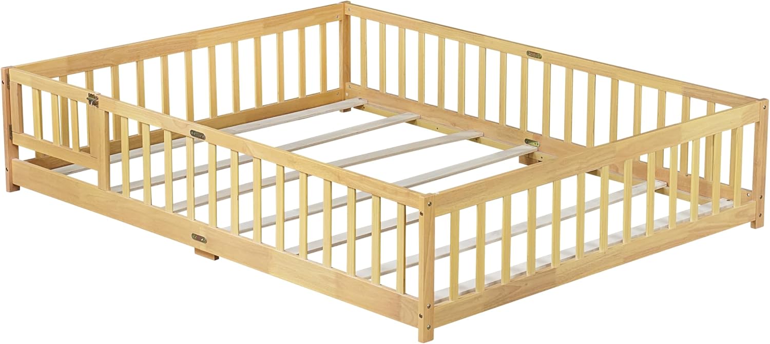 PVWIIK Queen Size Floor Bed with Fence and Door,Easy to Assemble Wood Bedstead,Platform Bed w/Safety Guardrails/Near The Ground,Natural