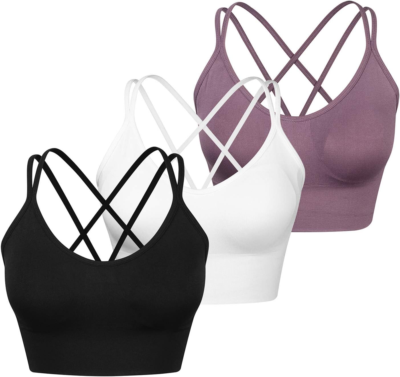 WANAYOU 3 Pack Women's Medium Support Cross Back Wirefree Removable Cups Yoga Sport Bra, 3 Pack(black+white+purple), Large