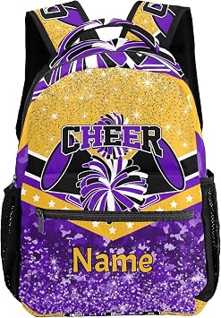 Cheer Purple Gold Cheerleader Custom Multifuction Waterproof Backpack with Name Shoulders Bookbag for Birthday Holiday Gift