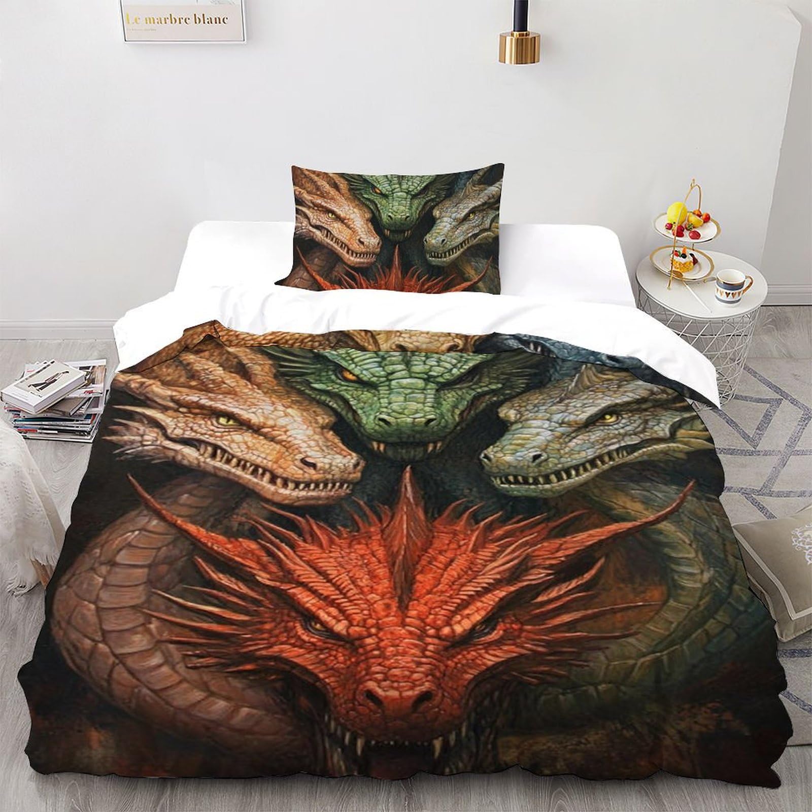 Housse de couette dragon 135x200 microfibre imprimé 3D avec sa taie d'oreiller pour lit simple