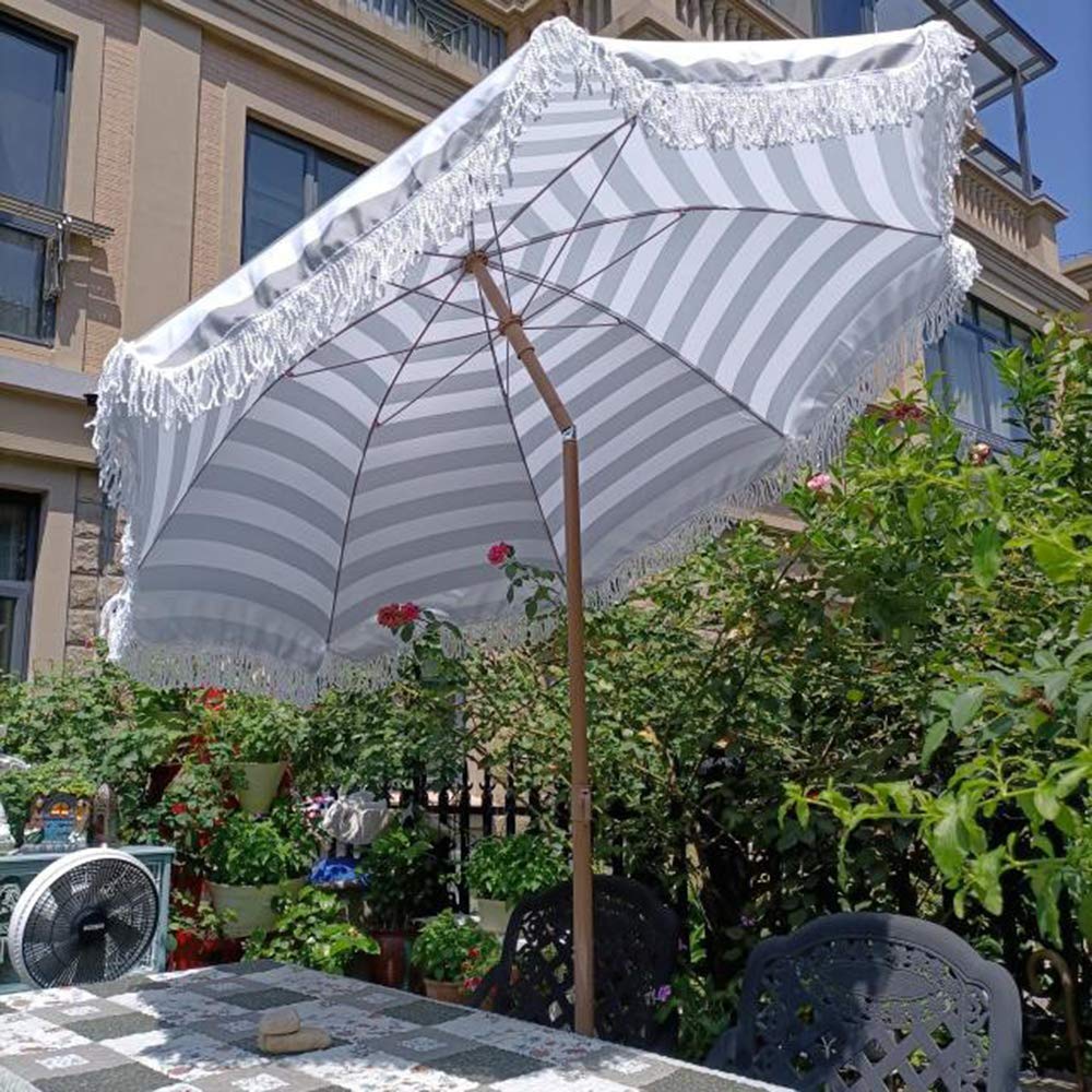 Sombrilla de playa de 2 m con función de inclinación, diseño de borlas, altura ajustable, impermeable, resistente a los rayos UV, adecuada para jardín, terraza, piscina, césped, playa, etc.