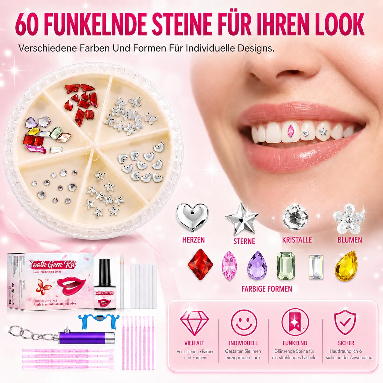 Tooth Gem Kit Komplett-Set, 120 Funkelnde Zahnschmuck Steine mit UV-Lampe & Kleber, DIY Zahnschmuck Set Für Zuhause, Auch für Nagelkunst & Handy Deko, für Party Cosplay, Geschenkidee für Frauen (Rosa)