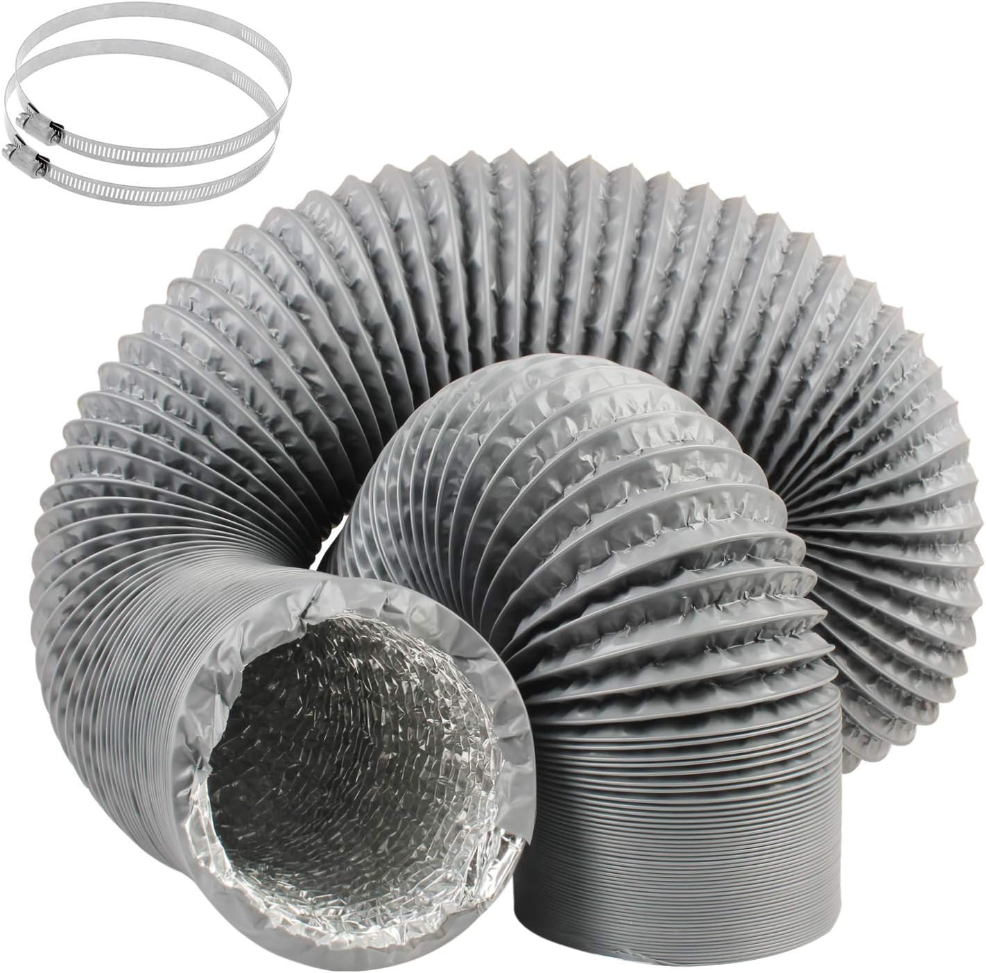 5 Inch Duct Hose by 16 Feet, Eau Gray Flexible 4-Layers Aluminum Dryer Vent Tube Transition Duct Air Hose with 2 Screw Clamps Great for HVAC Duct, Clothes Dryer Duct, Air Duct