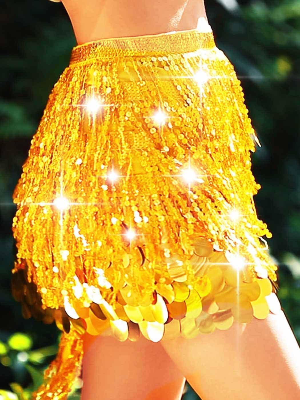 EASEDAILY Gold Sequin Skirt Sparkly Fringe Belly Dance Skirt Glitter Women Mermaid Costume - Image 5