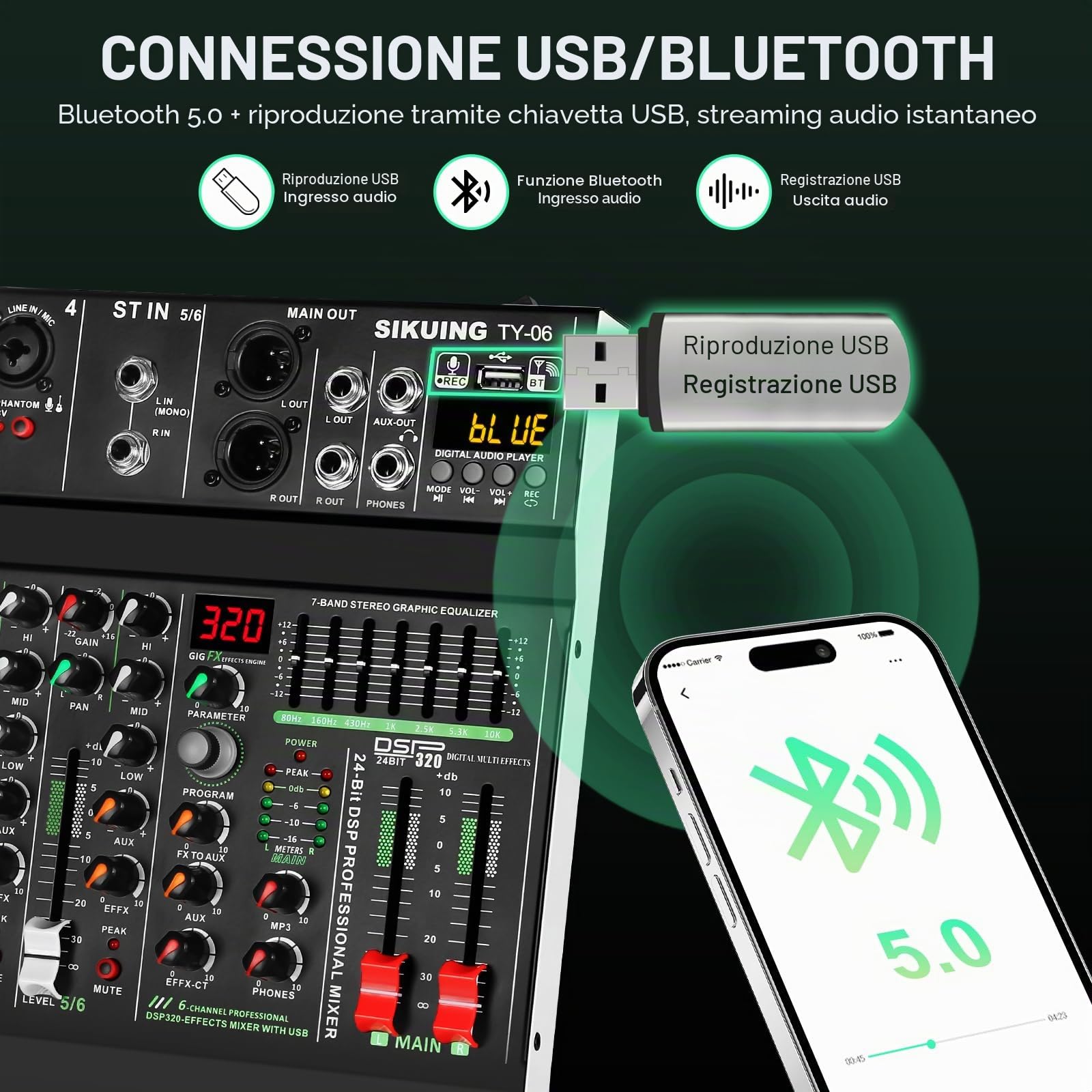 Mixer portatile a 6 canali, mixer audio professionale, 320 effetti DSP + equalizzatore a 7 bande, scheda audio Bluetooth + interfaccia USB, ideale per registrazioni PC, effetti karaoke e riproduzione