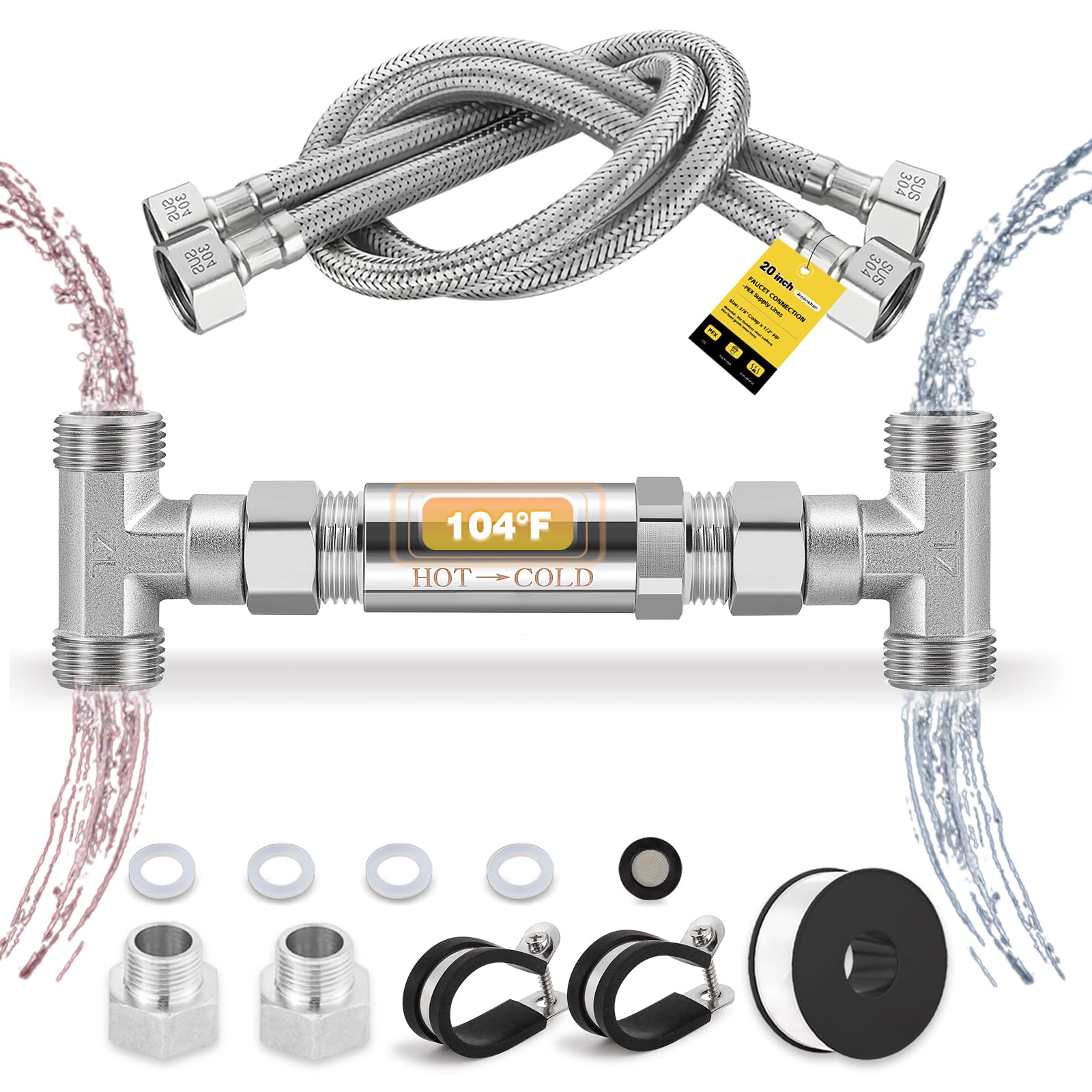 Replacement 304 Stainless Steel Sensor Valve Kit for Instant Hot Water Recirculating Pump System Includes a Bridge Valve, 2×20-Inch PEX Supply Lines Compatible With 500800, 500805