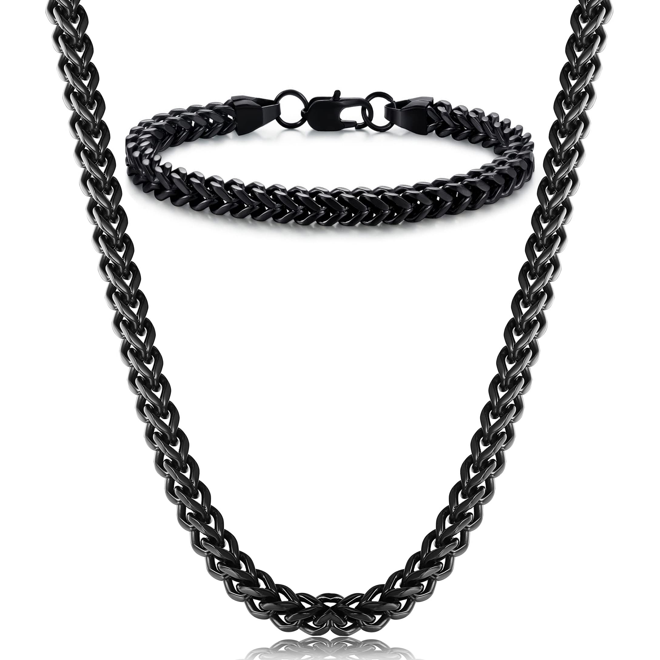 FIBO STEELStainless Steel Wheat Chain Necklace for Men Necklace Bracelet Jewelry Set 5mm in Width, 22" 8.5"