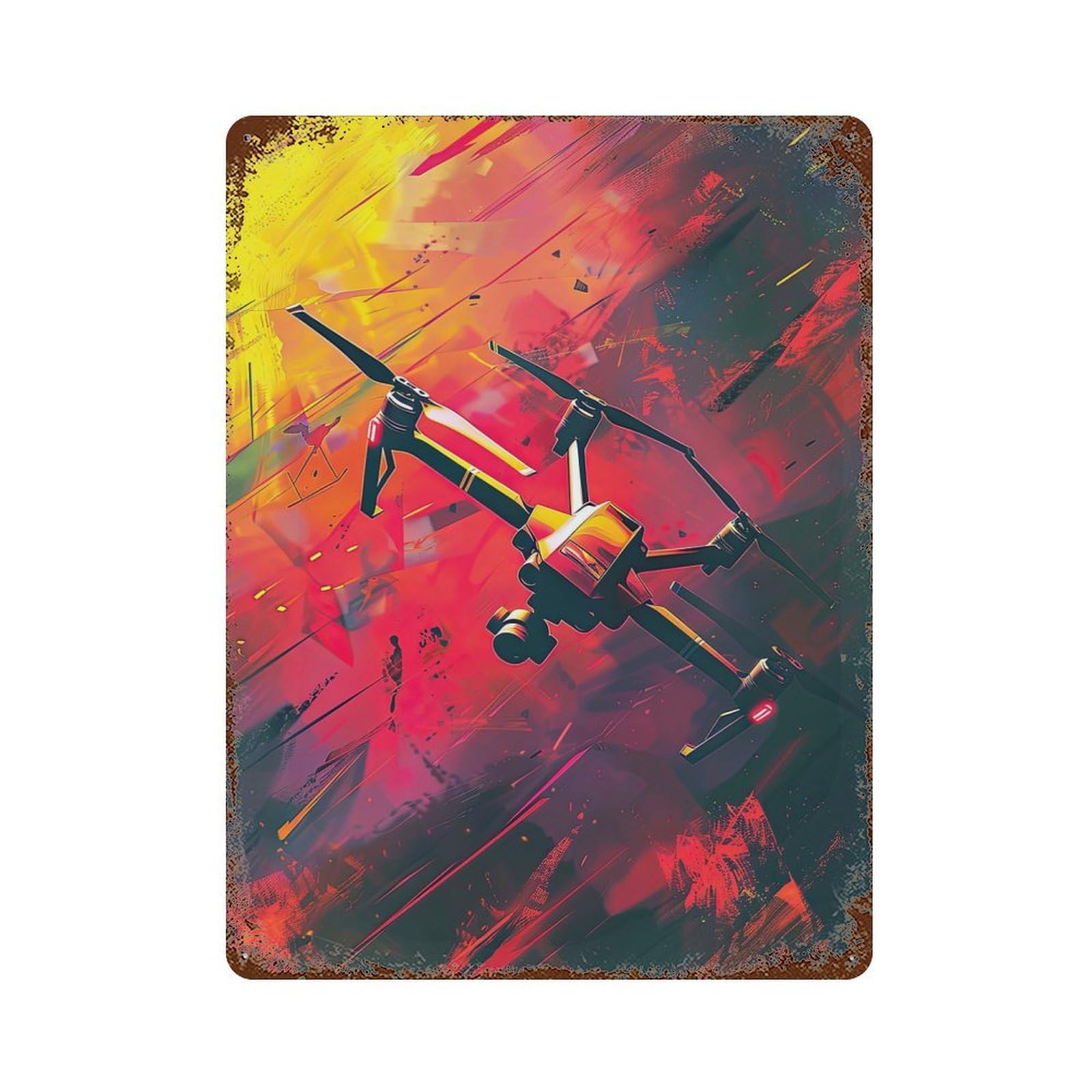 Fiery Drone Flight Vintage Rust Metal Sign 15.7"x11.8", Ideal for Basement, Hobby Room And Garage Decor