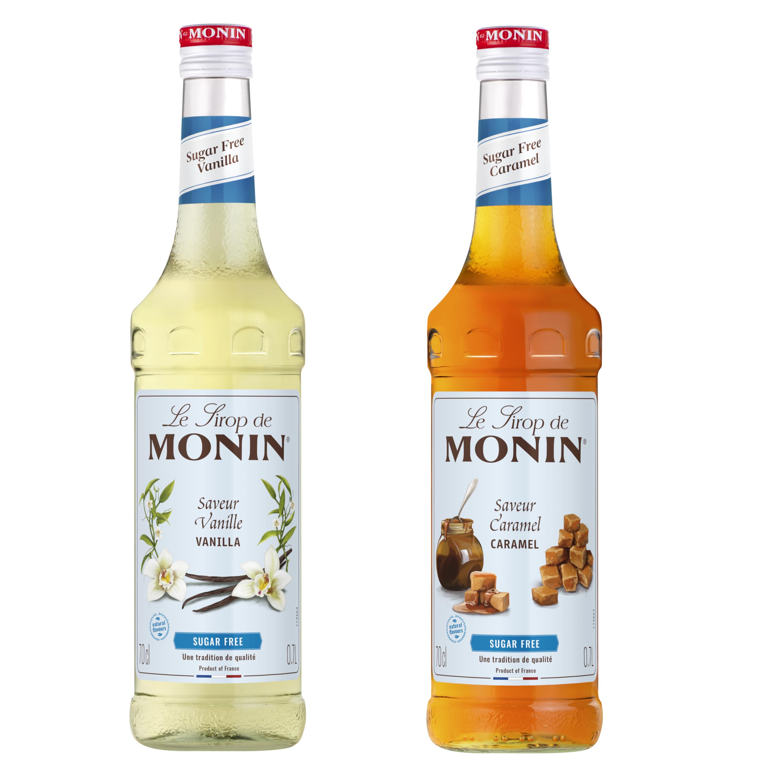 MONIN - Assortiment Vanille & Caramel Sans Sucre - Pour Café, Chocolat Chaud, Capuccino ou Latte - Arômes Naturels - Bouteille en Verre - 2 x 70 cl