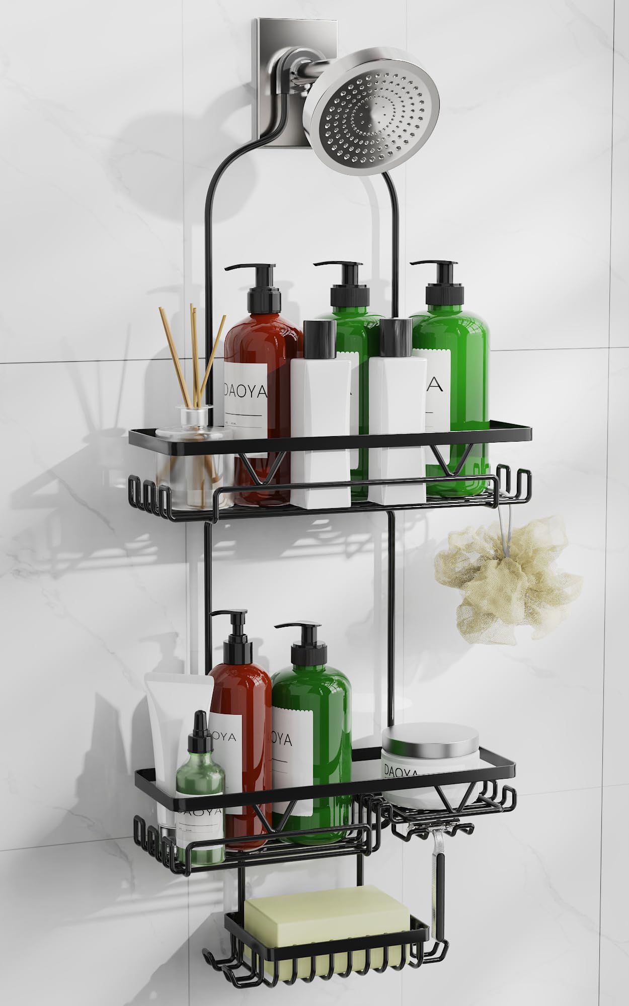 Photo 1 of (SMALL, USED) DAOYA Shower Caddy Hanging, Anti-Swing Over Head Shower Caddy, Rustproof Bathroom Organizer with Soap Holder & Hooks