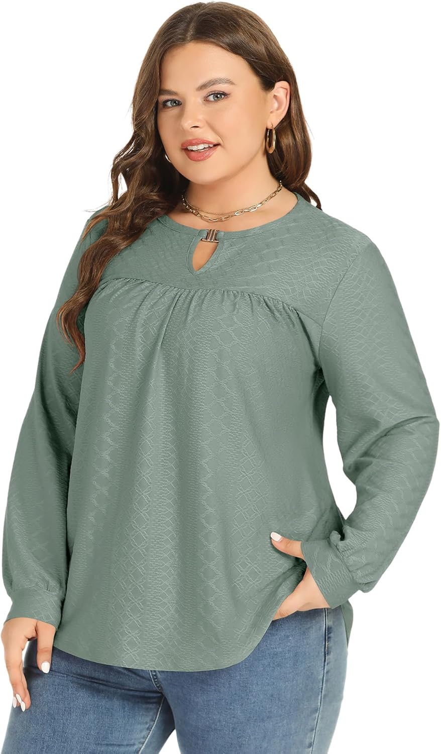 TFSDOD Women Plus Size Tops Long Sleeve Shirts V Neck Pleated Keyhole Blouse Loose Work Tunic Tee 1X-5X - Image 5
